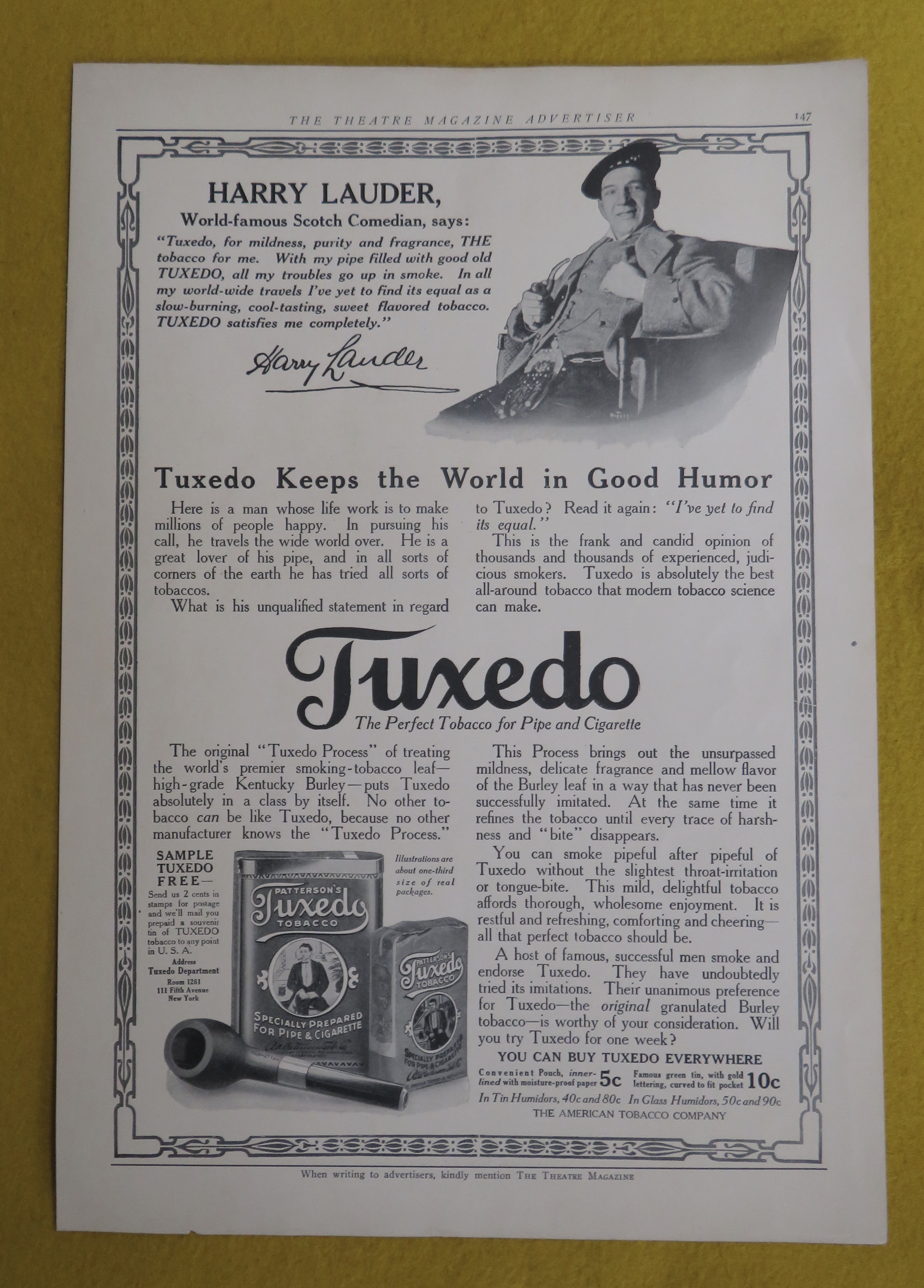1914 Tuxedo Tobacco with Comedian Harry Lauder