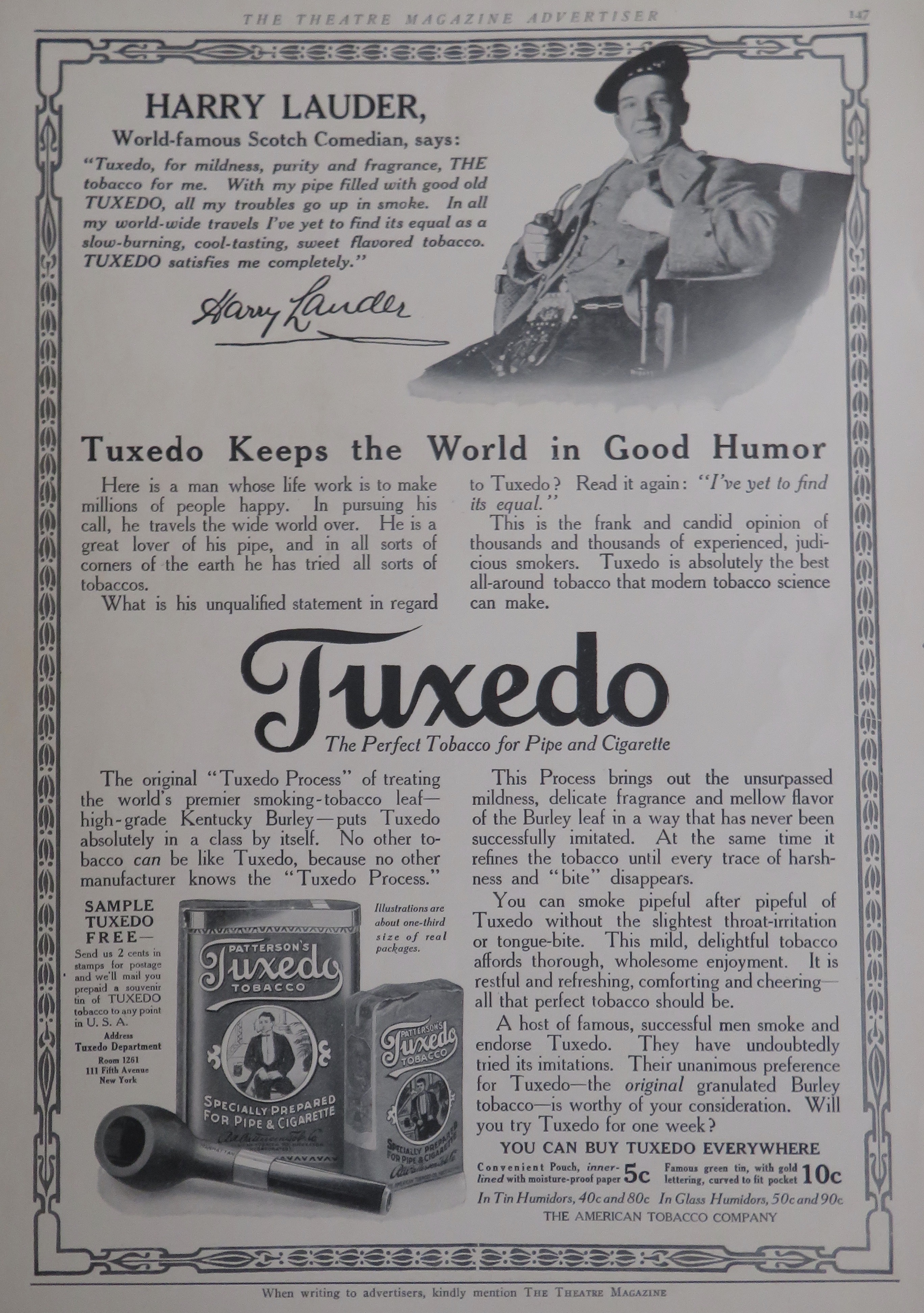 1914 Tuxedo Tobacco with Comedian Harry Lauder