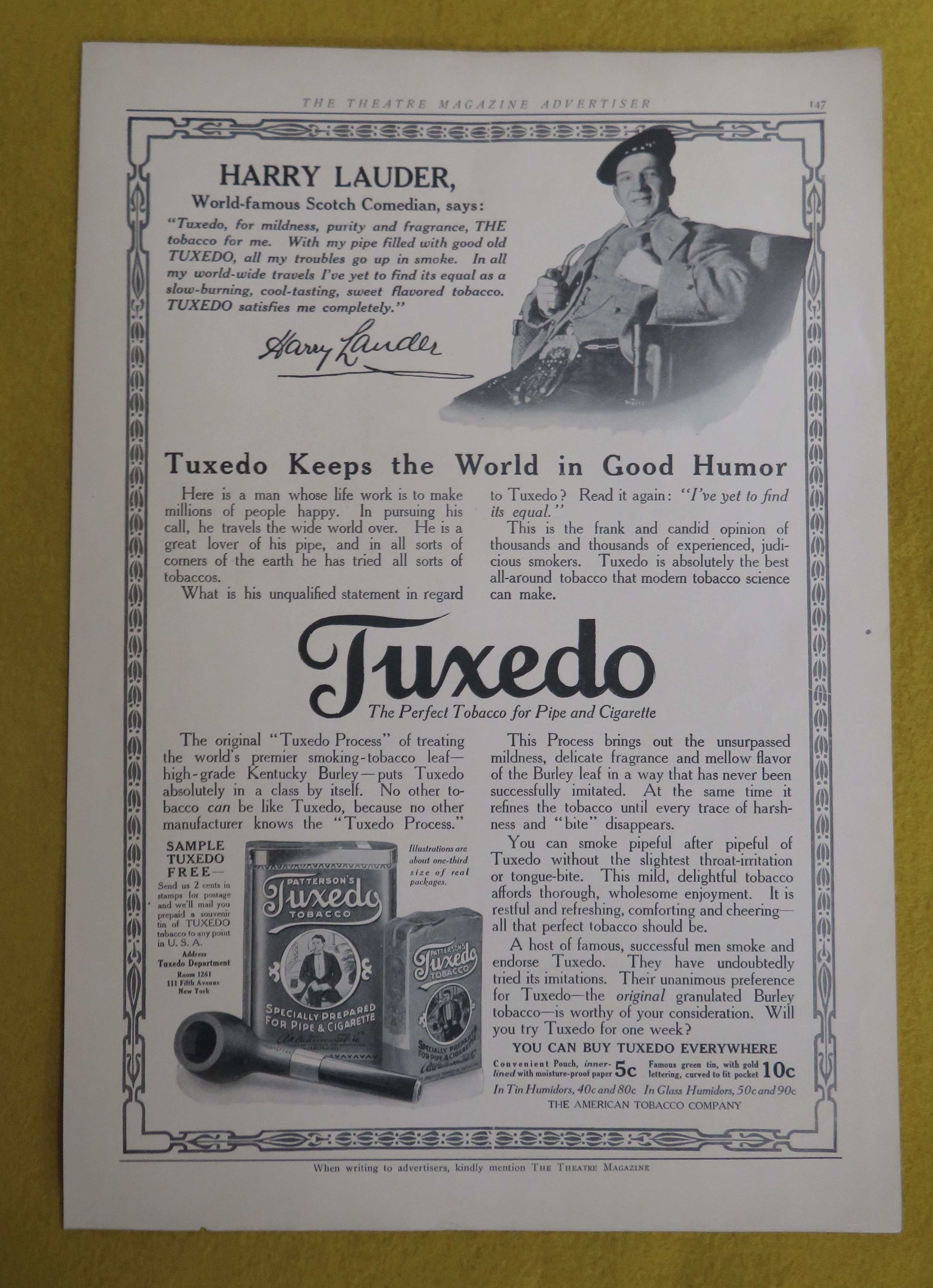 1914 Tuxedo Tobacco with Comedian Harry Lauder