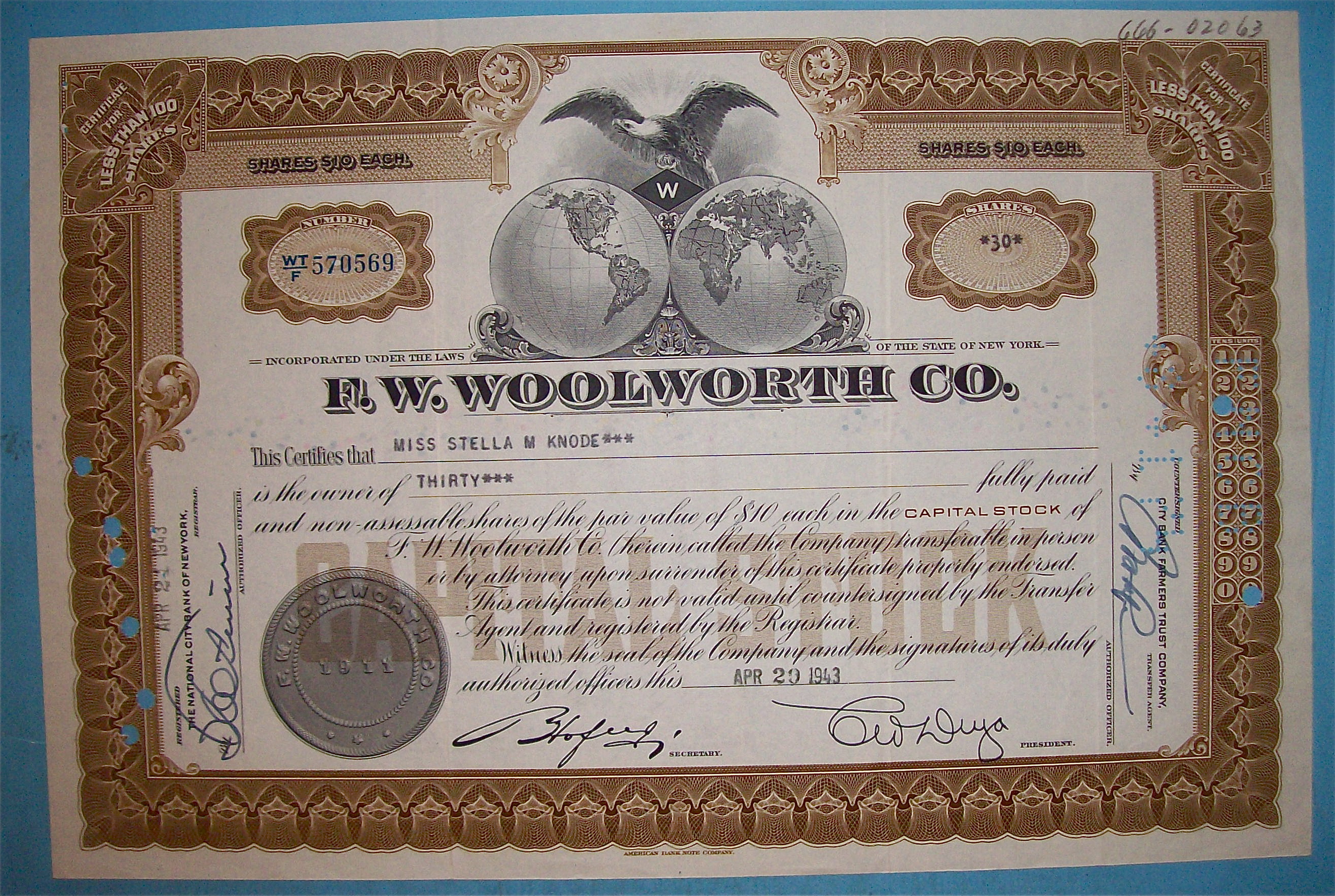1943 F. W. Woolworth Co. Stock Certificate