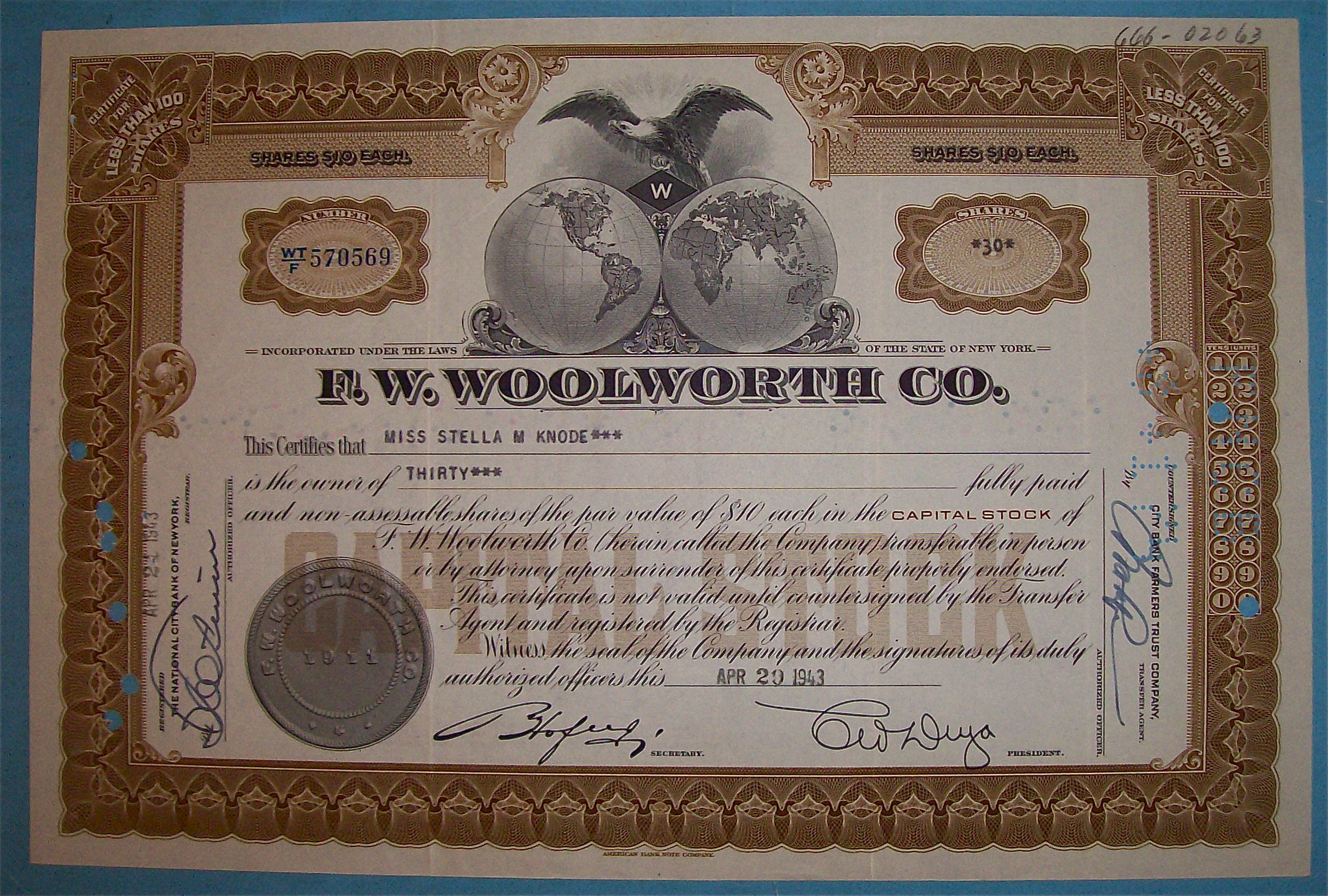 1943 F. W. Woolworth Co. Stock Certificate