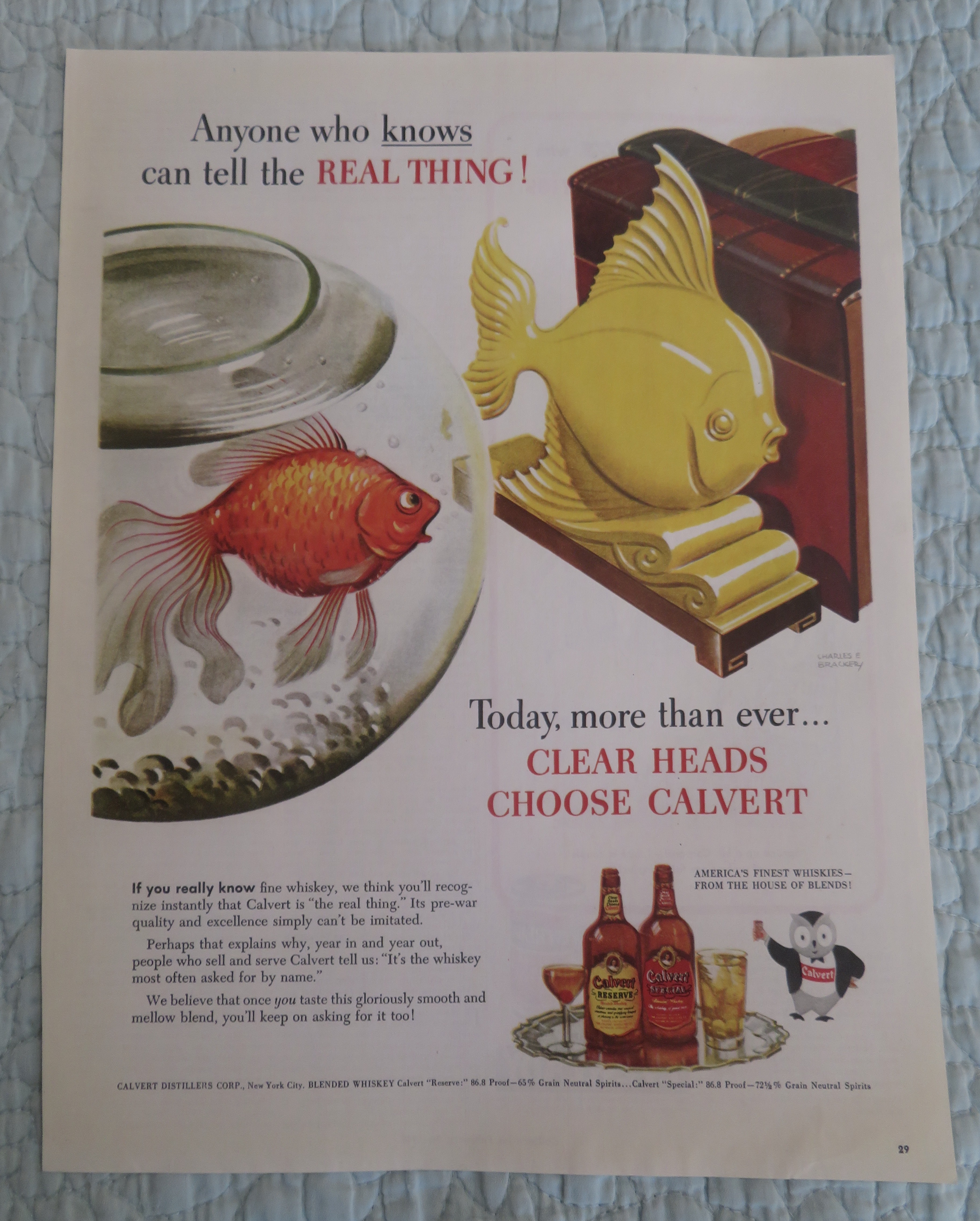 1945 Calvert Whiskey with Fish Looking At Fish Book End