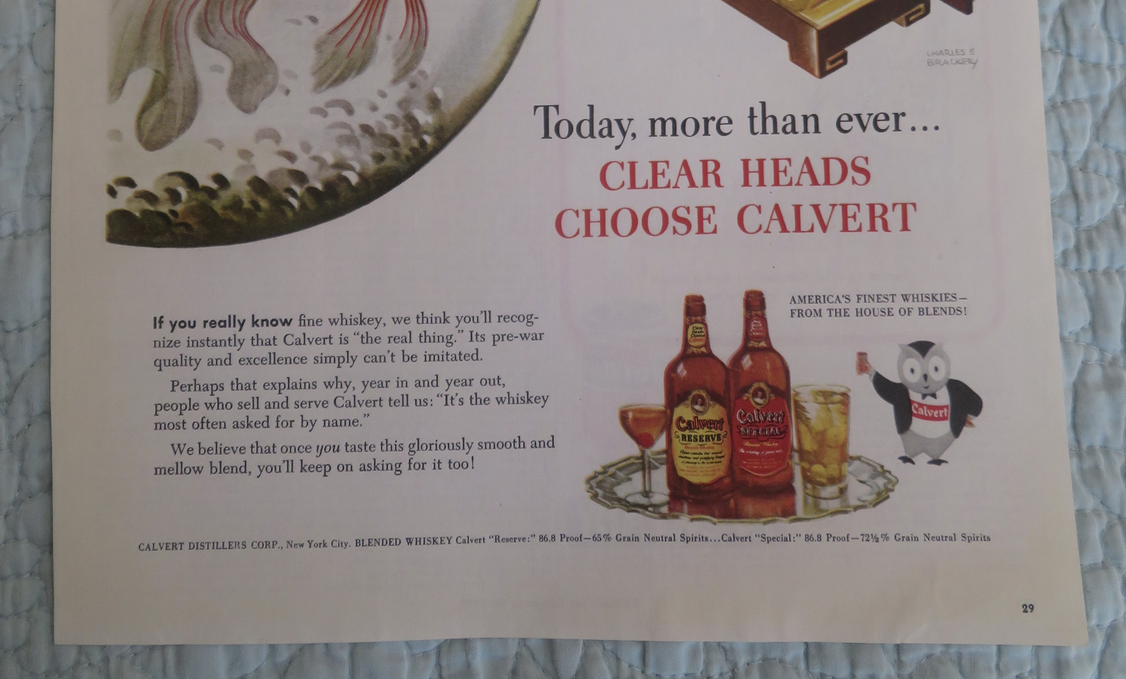 1945 Calvert Whiskey with Fish Looking At Fish Book End