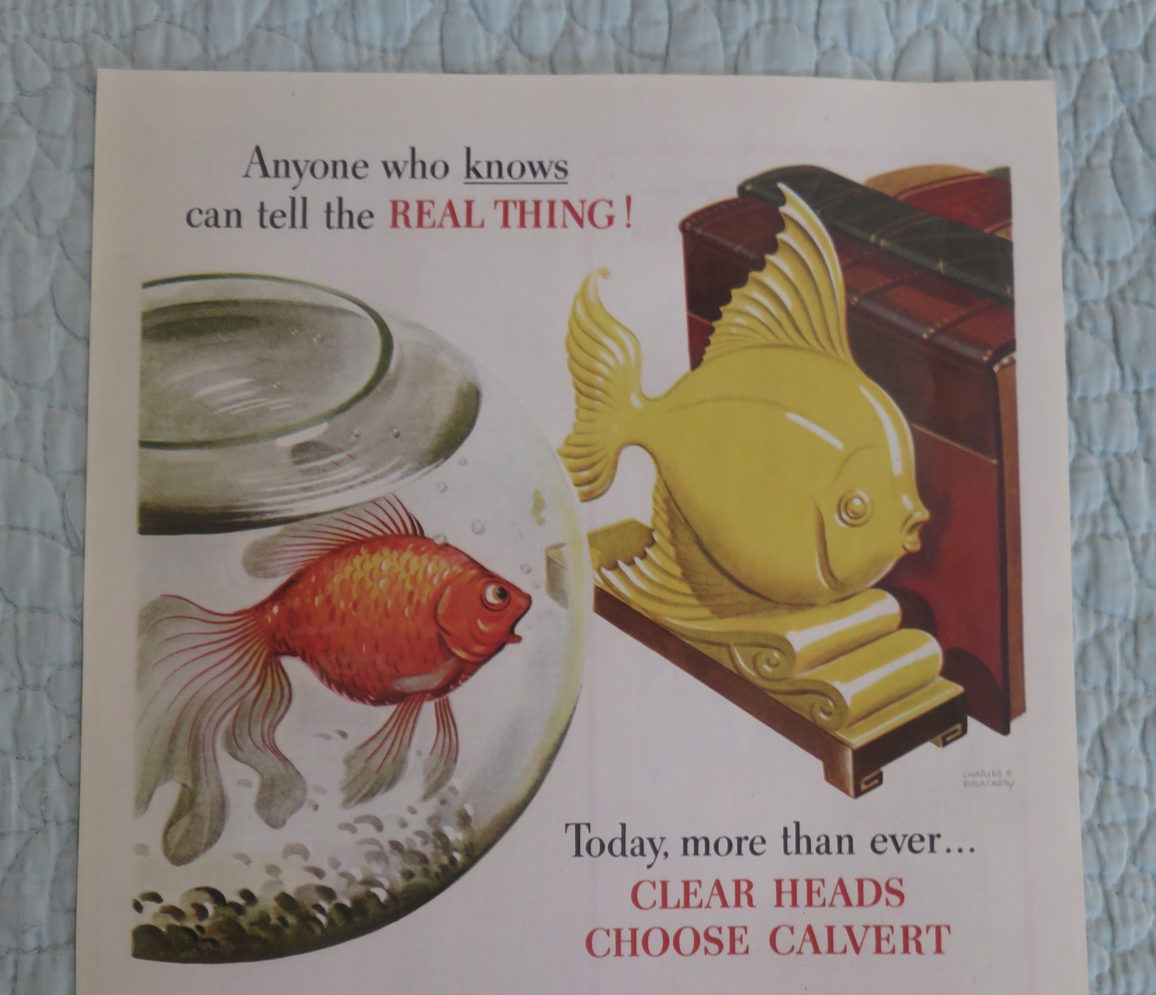 1945 Calvert Whiskey with Fish Looking At Fish Book End