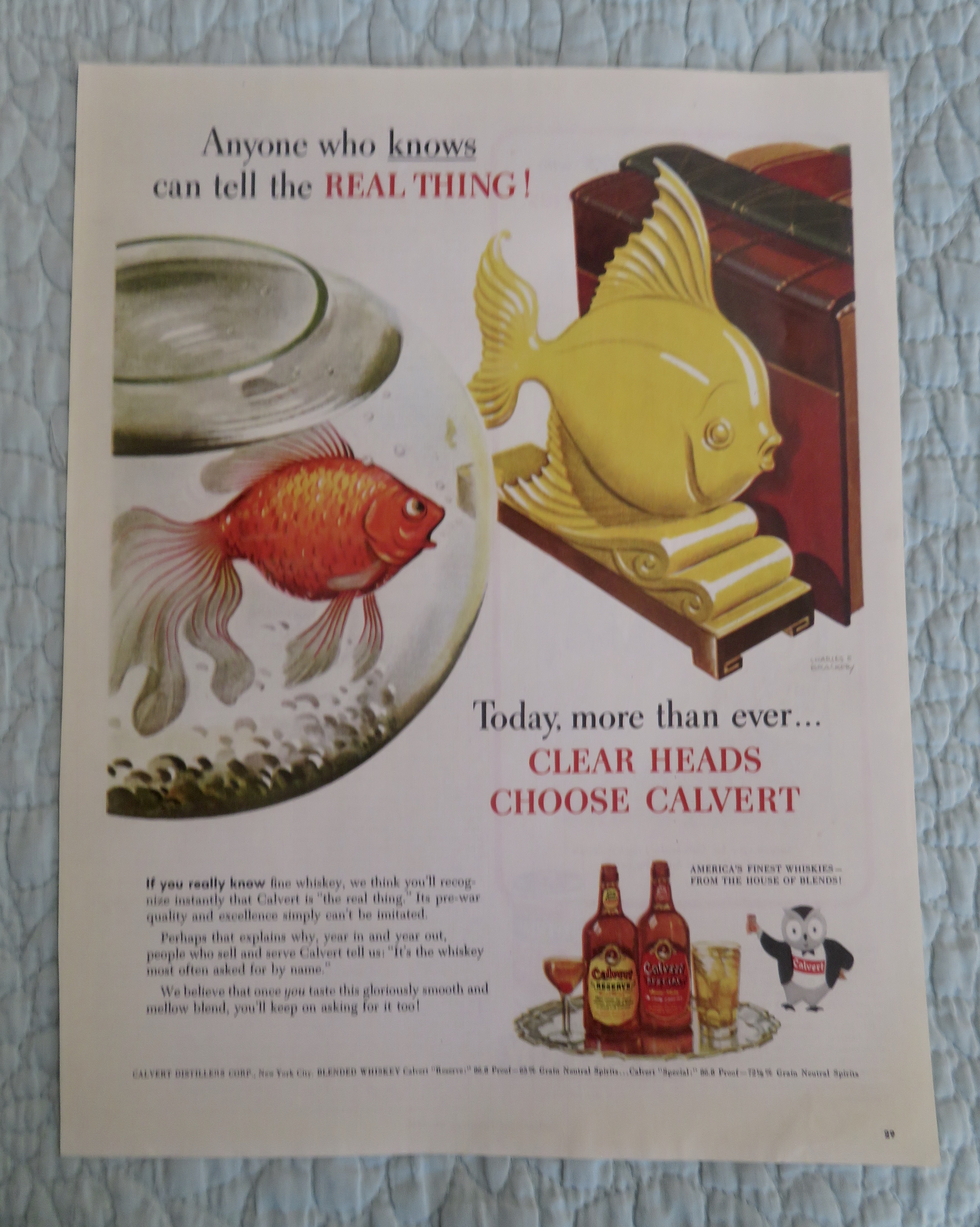 1945 Calvert Whiskey with Fish Looking At Fish Book End
