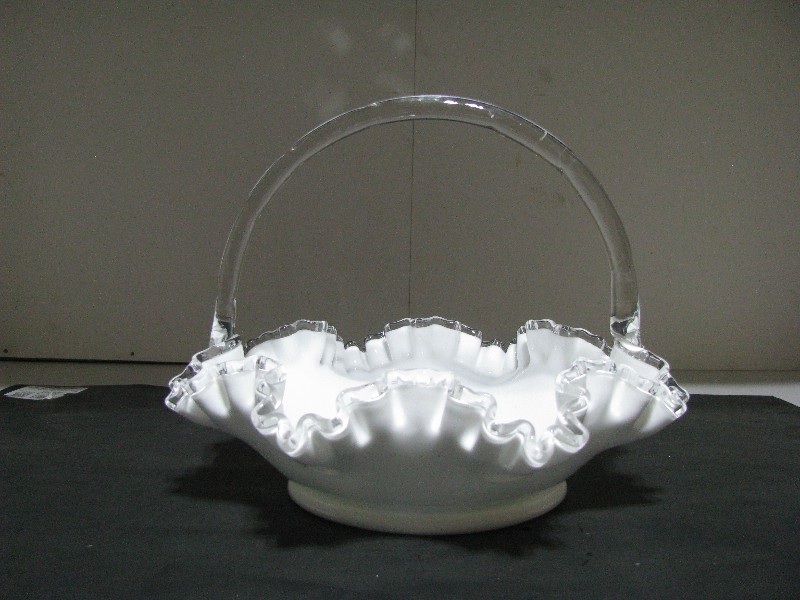 Vintage Fenton Silver Crest Milk Glass Basket with Clear Applied Handle
