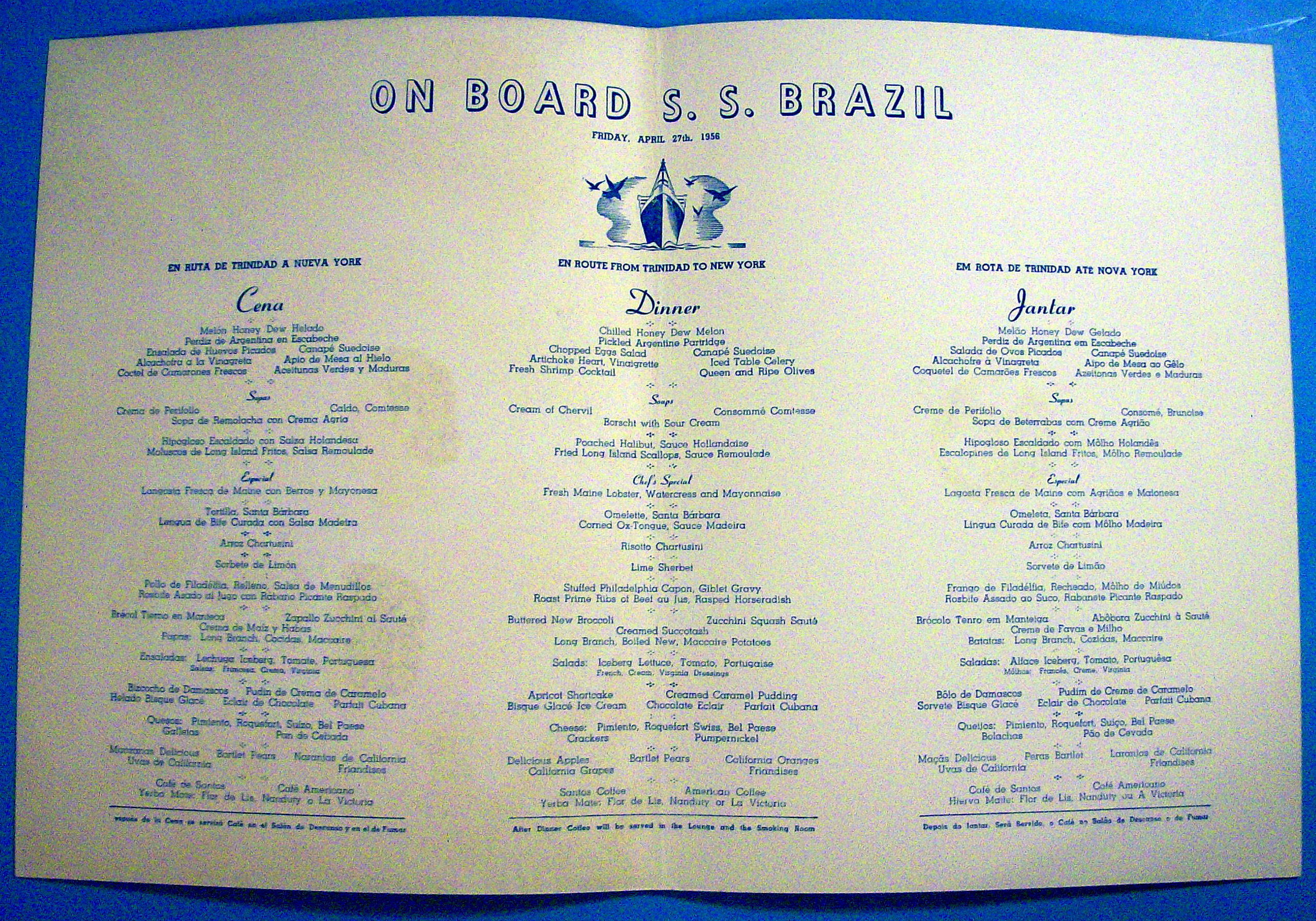 S. S. Brazil Menu (Moore-Mc Cormack Lines) April 1956