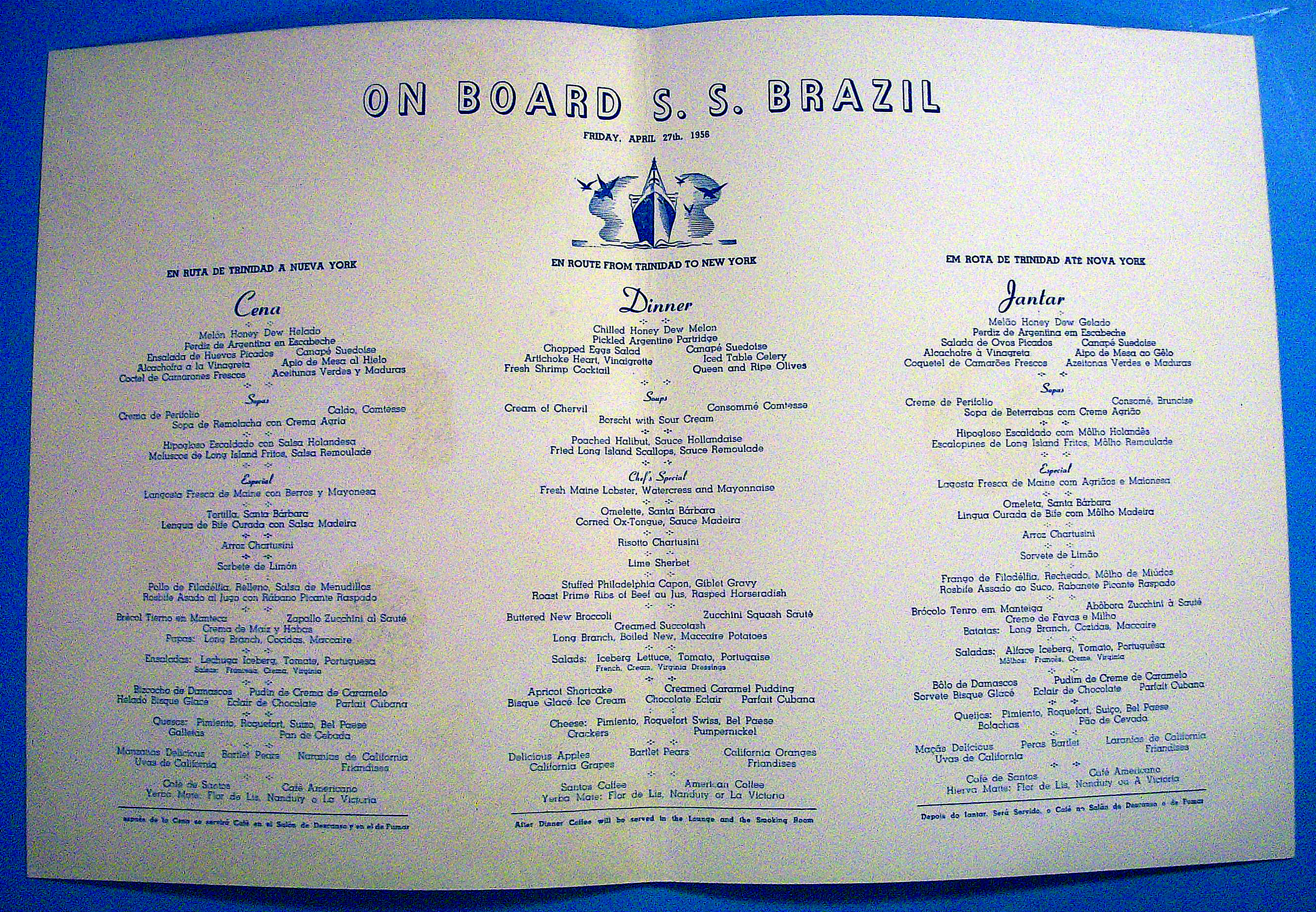 S. S. Brazil Menu (Moore-Mc Cormack Lines) April 1956
