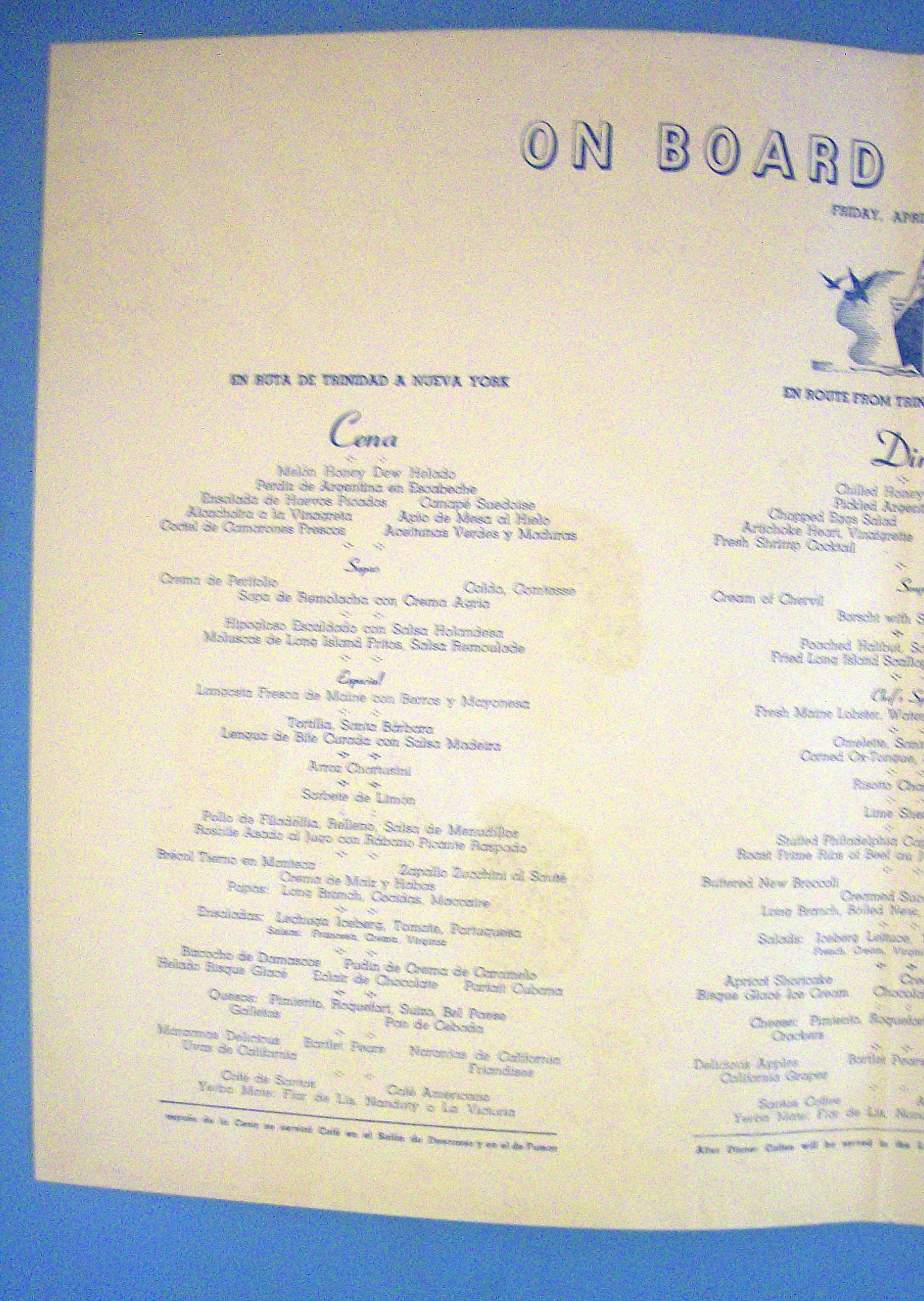 S. S. Brazil Menu (Moore-Mc Cormack Lines) April 1956