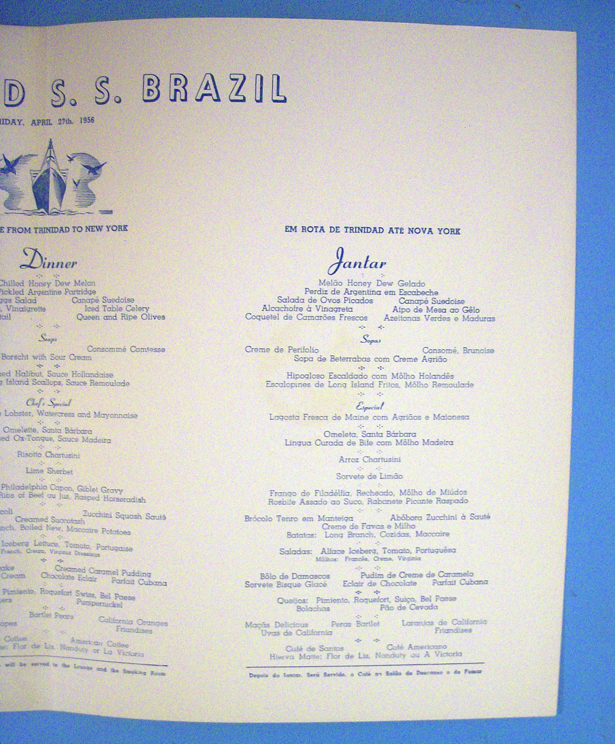 S. S. Brazil Menu (Moore-Mc Cormack Lines) April 1956