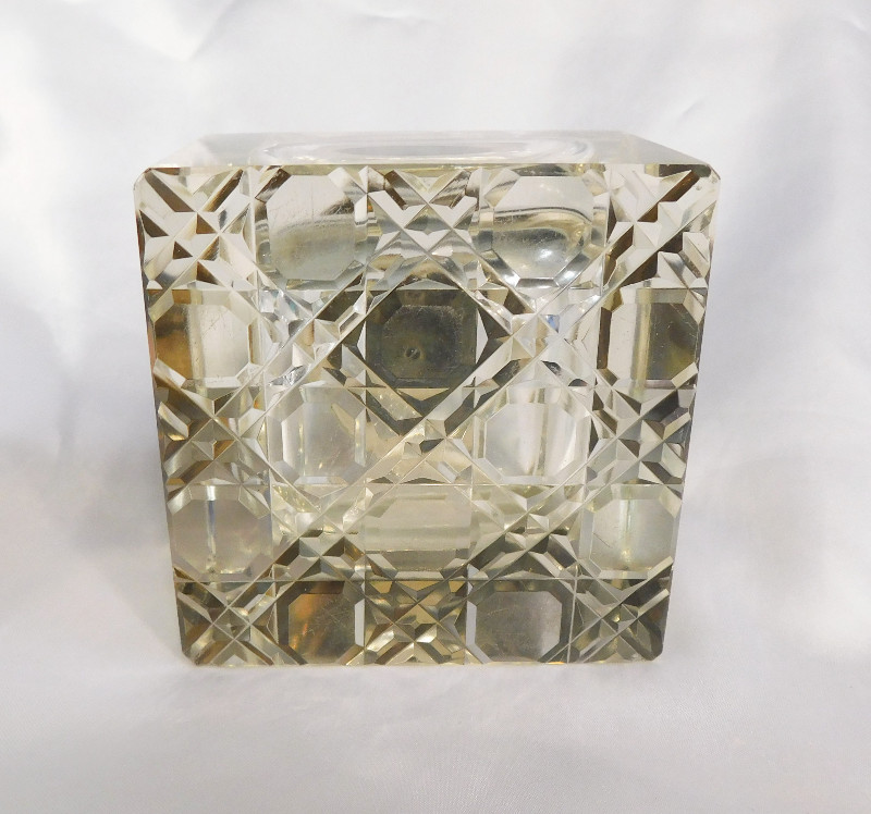 Large Older Crystal Inkwell with Attached Metal Lid # 20873