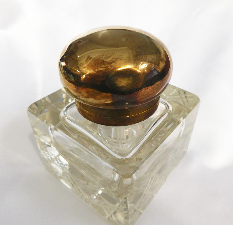 Large Older Crystal Inkwell with Attached Metal Lid # 20873