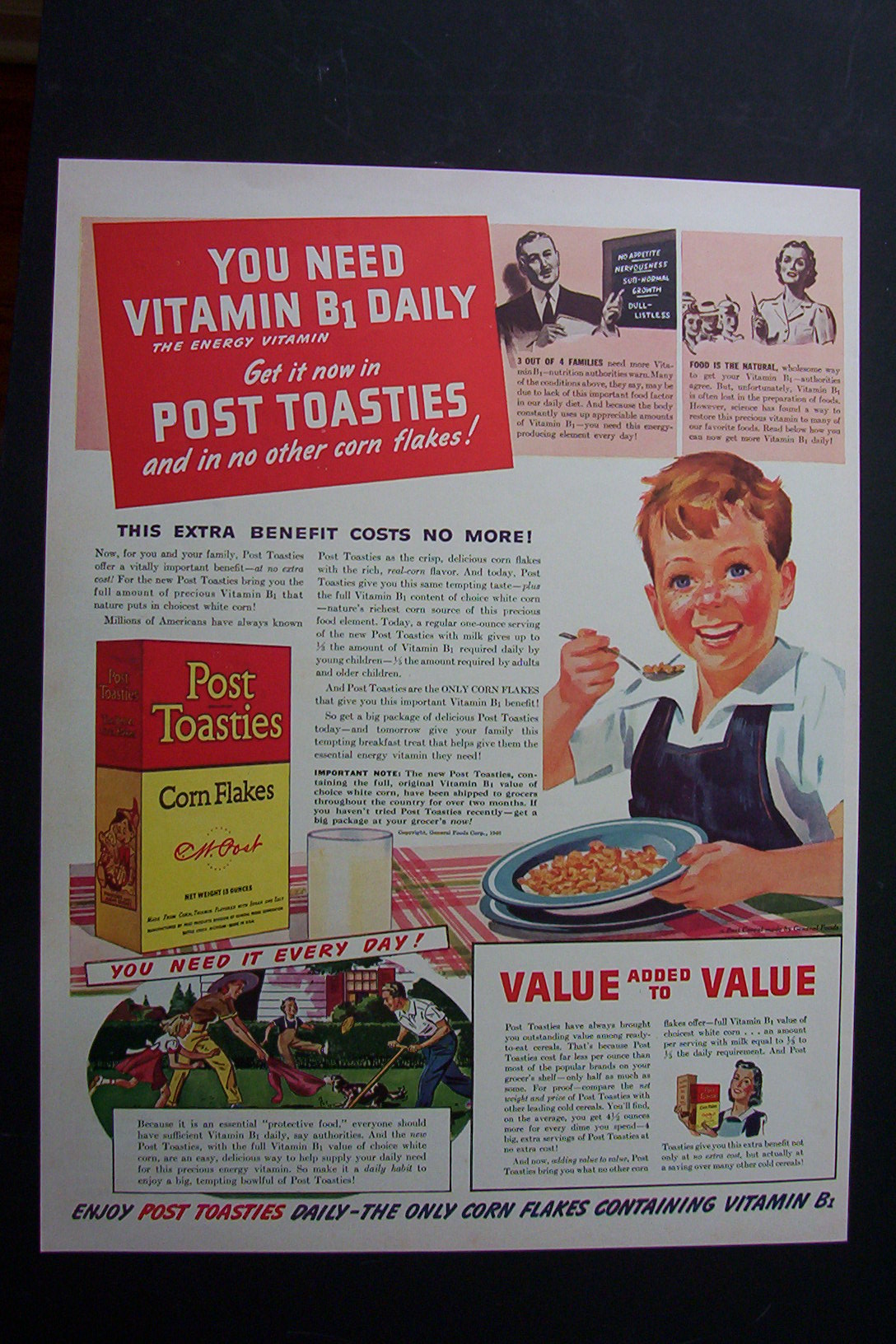 1940 Post Toasties Corn Flakes with Little Boy Eating
