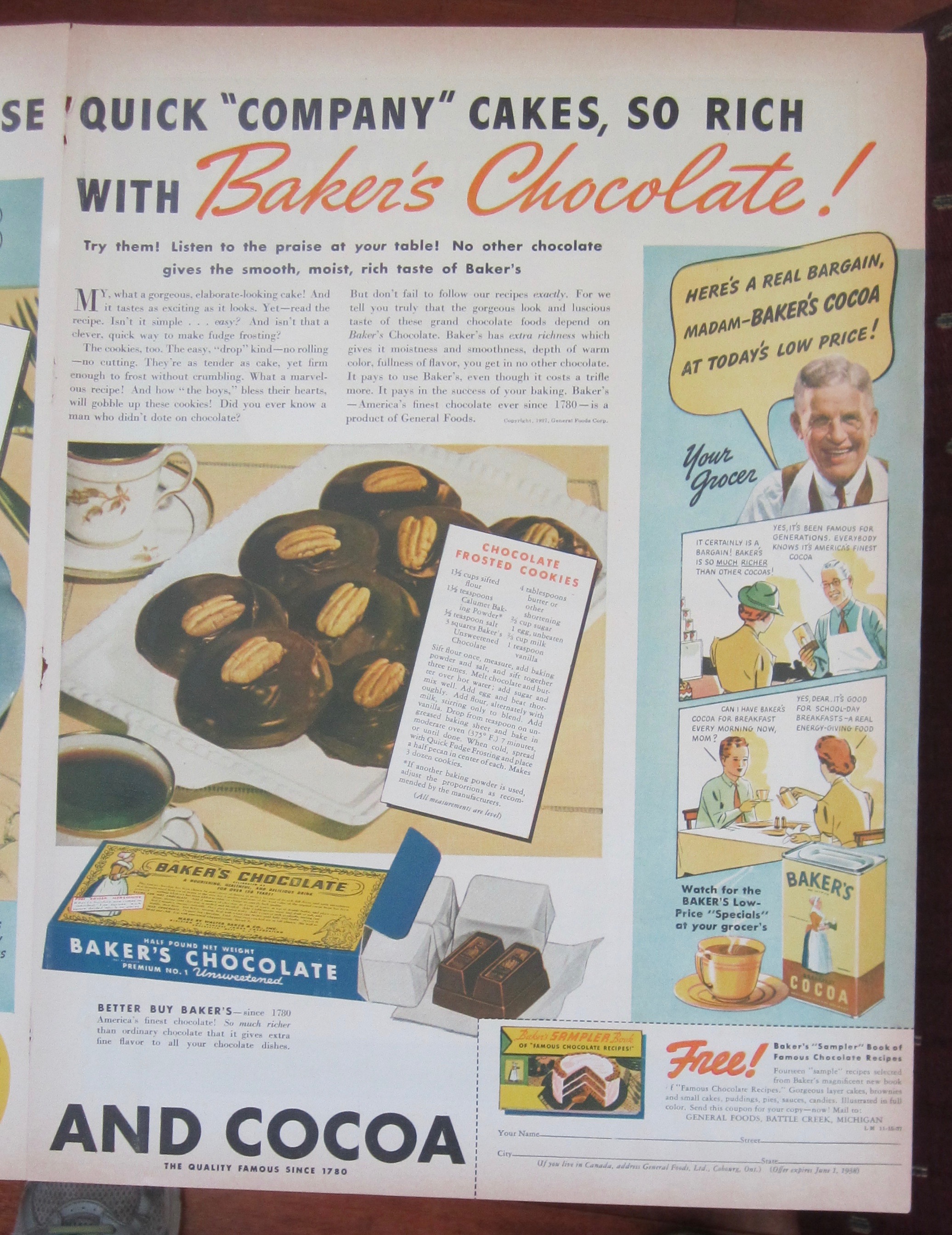 1937 Baker's Chocolate with Chocolate Frosted Cookies