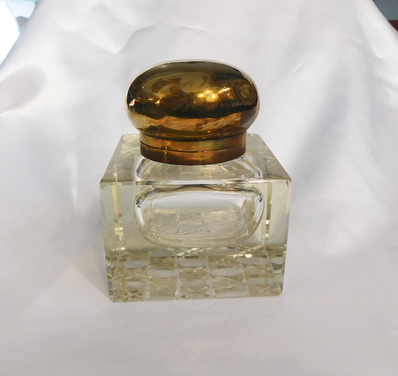 Large Older Crystal Inkwell with Attached Metal Lid # 20873