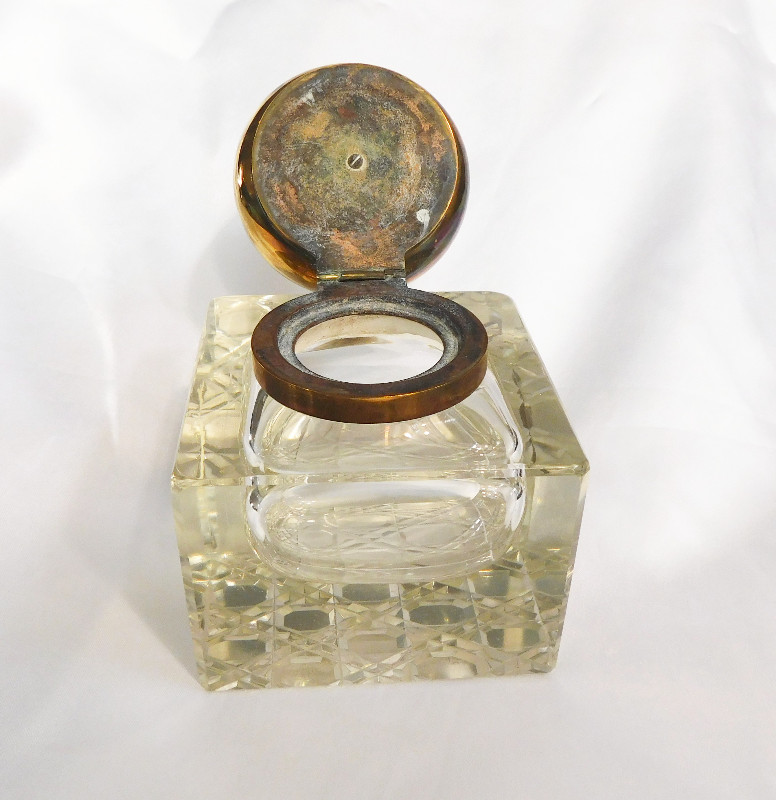 Large Older Crystal Inkwell with Attached Metal Lid # 20873