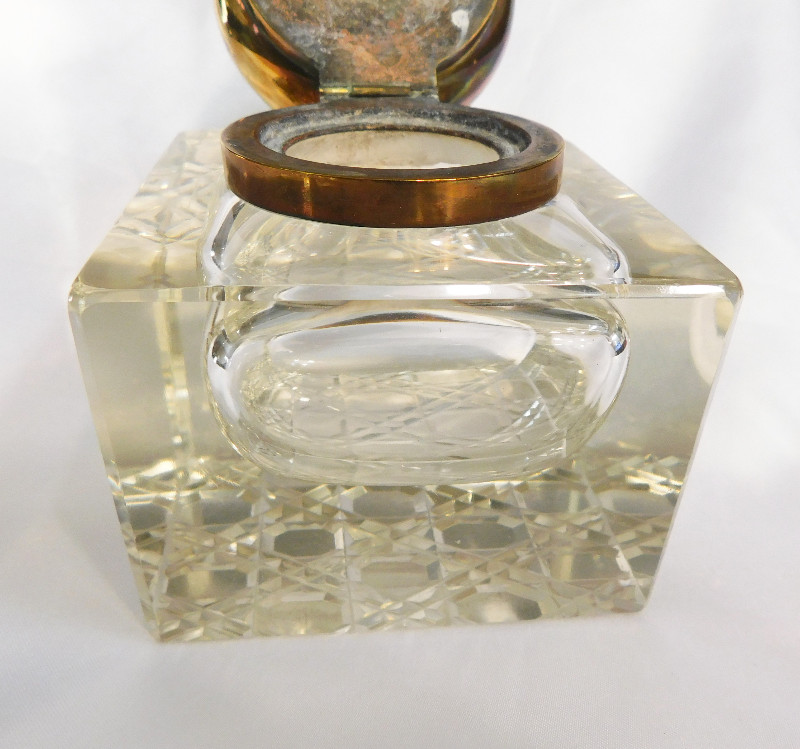 Large Older Crystal Inkwell with Attached Metal Lid # 20873