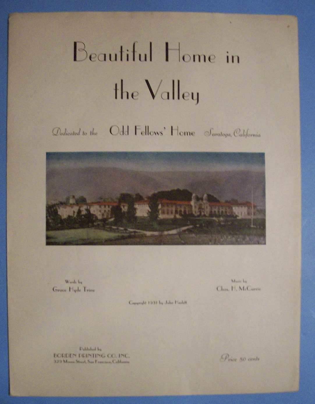 Sheet Music For 1931 Beautiful Home In The Valley