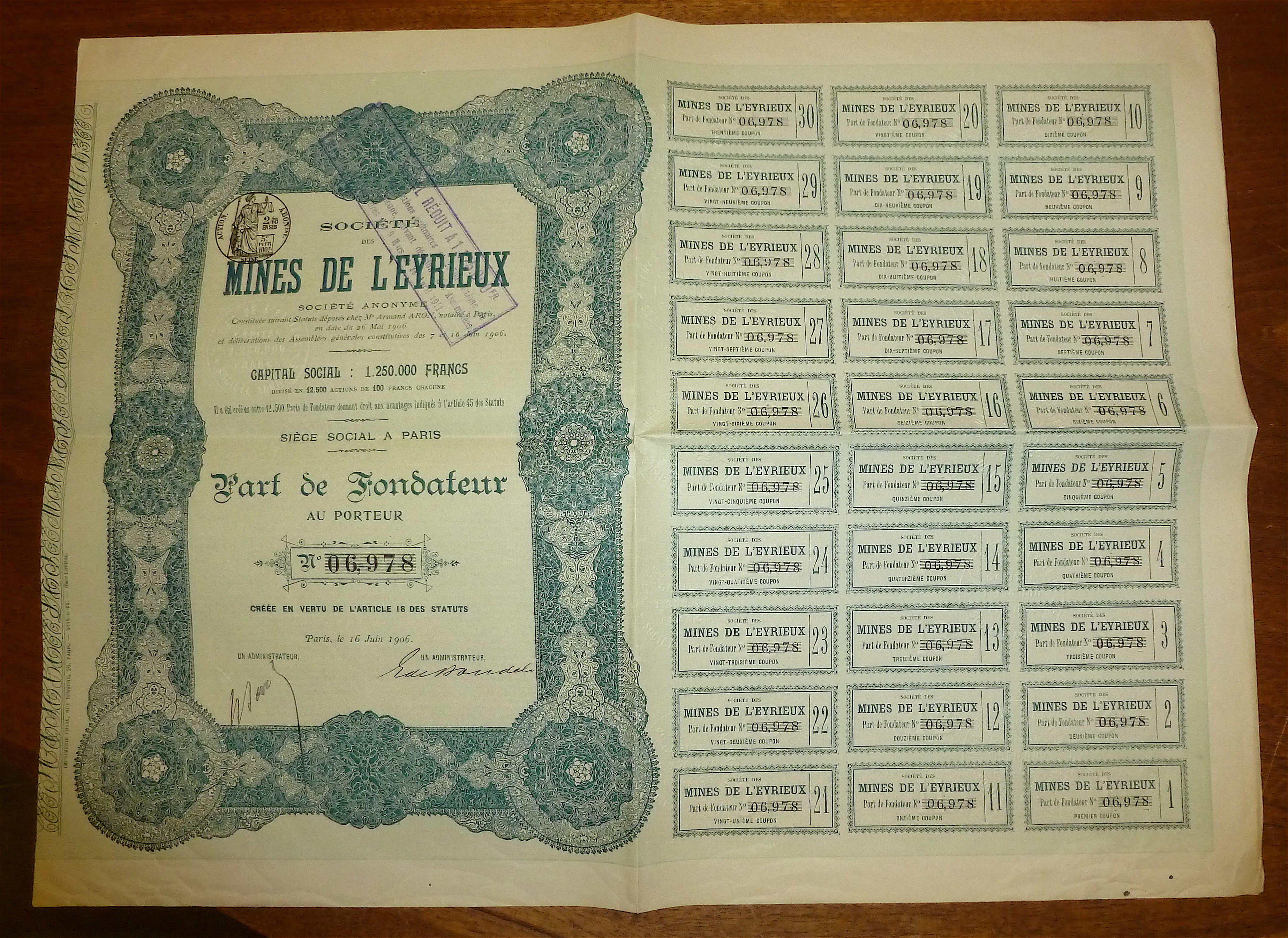 1906 Mines De Leyrieux Stock Certificate