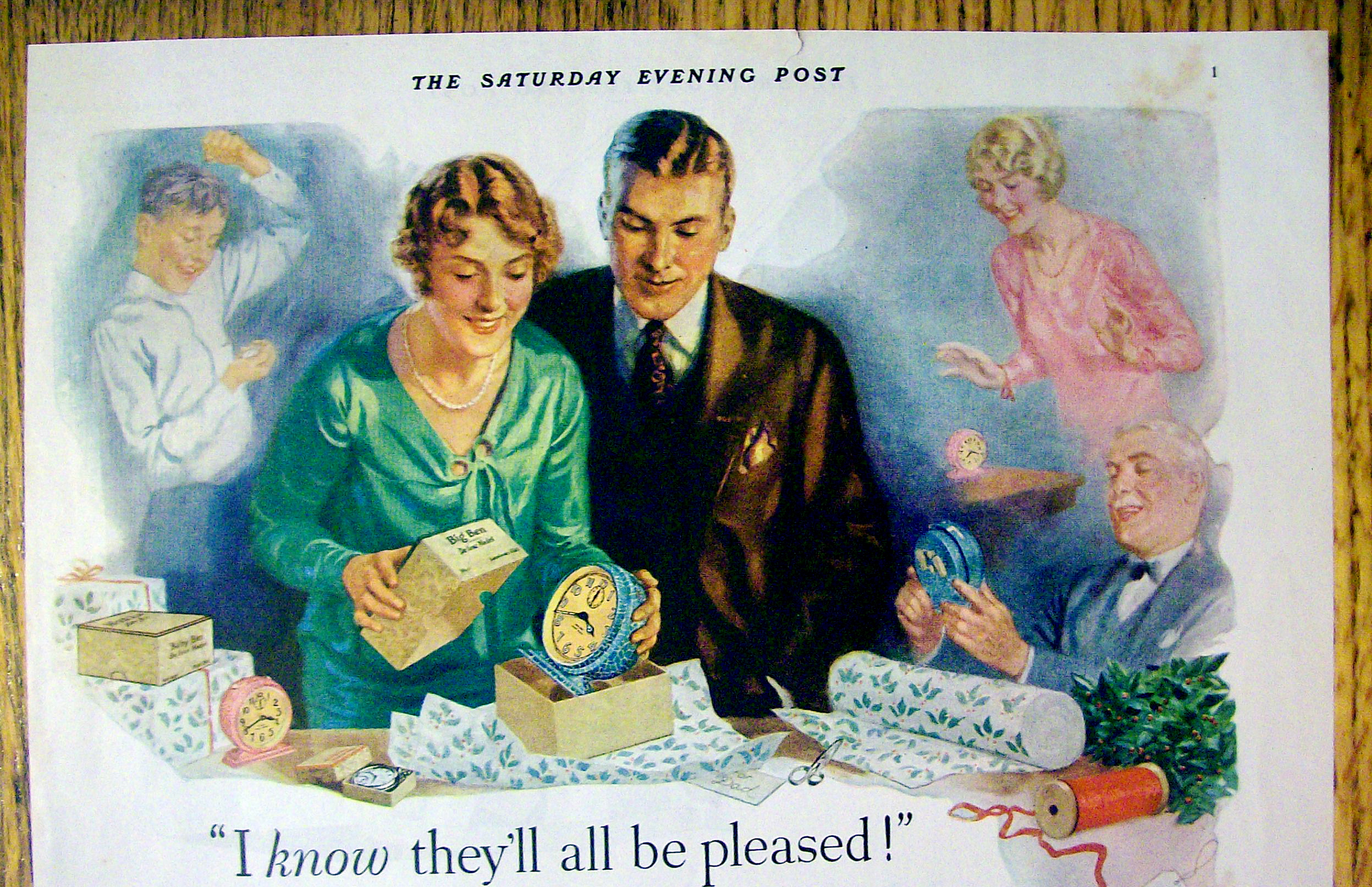 1929 Westclox Clock with Woman Opening a Gift Box