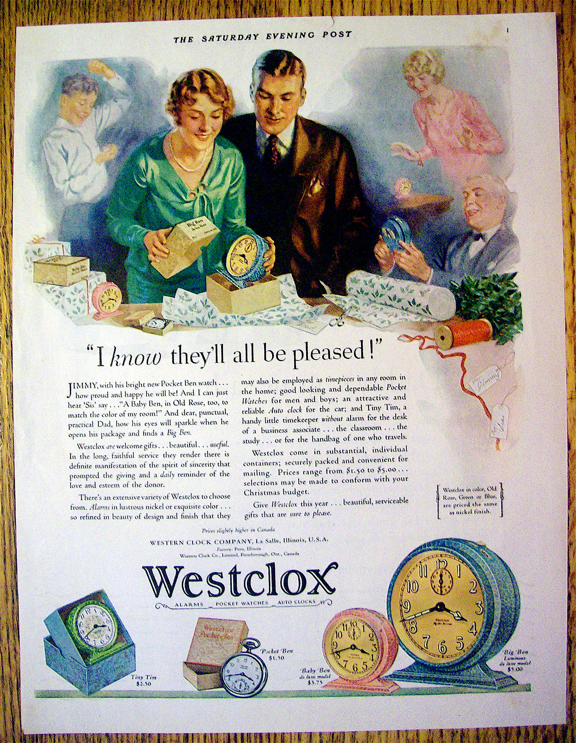1929 Westclox Clock with Woman Opening a Gift Box