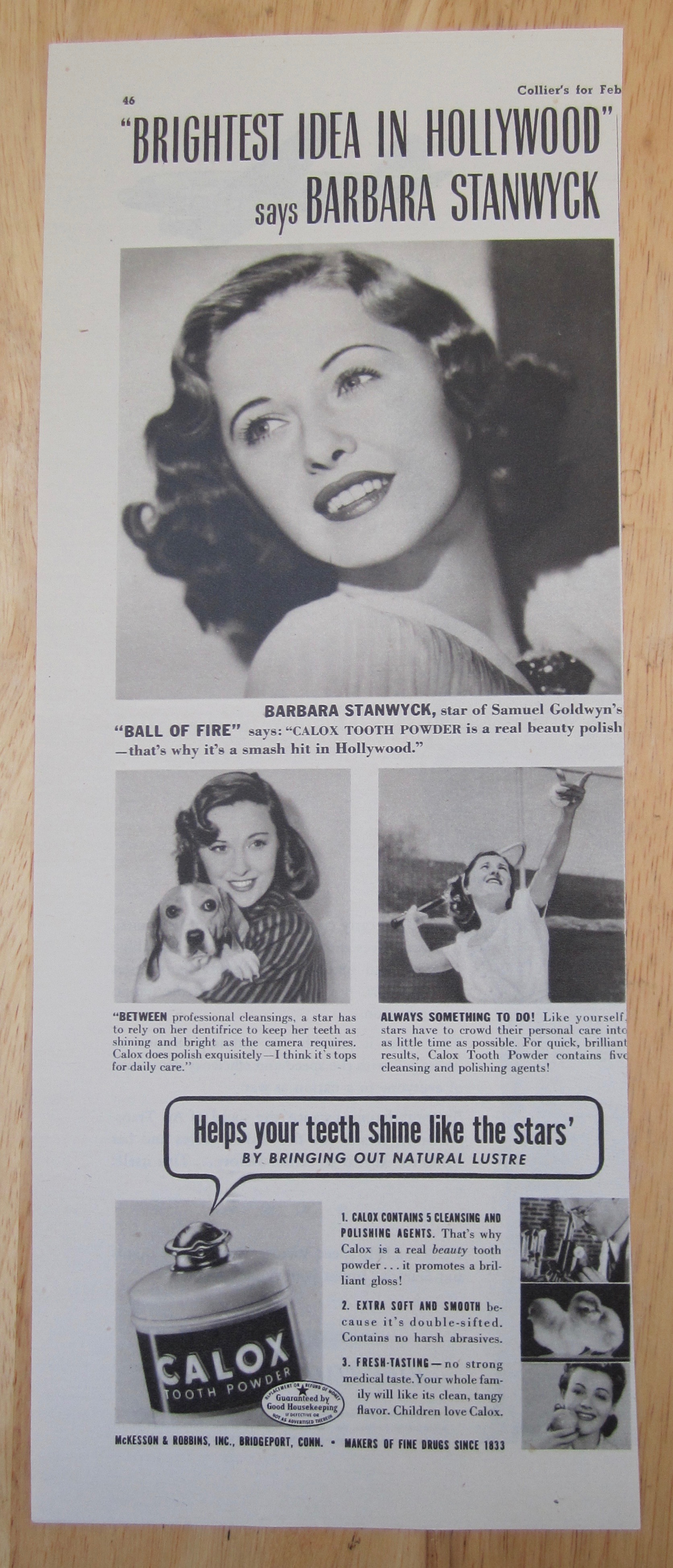 1942 Calox Tooth Powder with Barbara Stanwyck