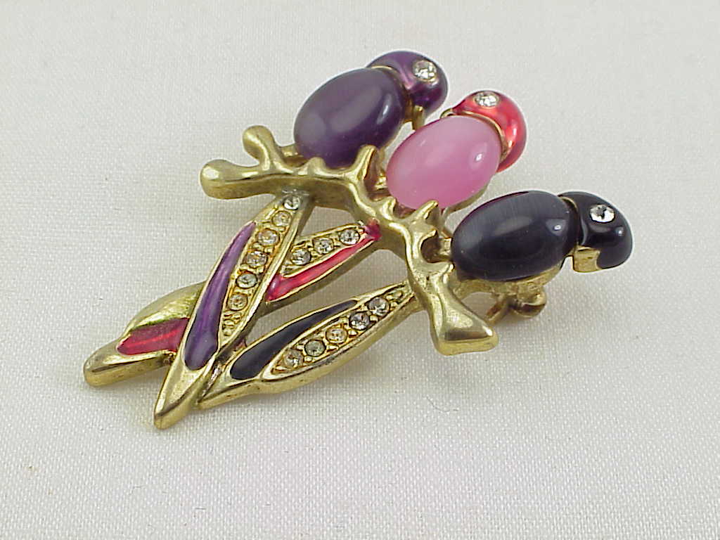 3 Bird Of Paradise Birds Enamel Rhinestone Stone Belly Brooch