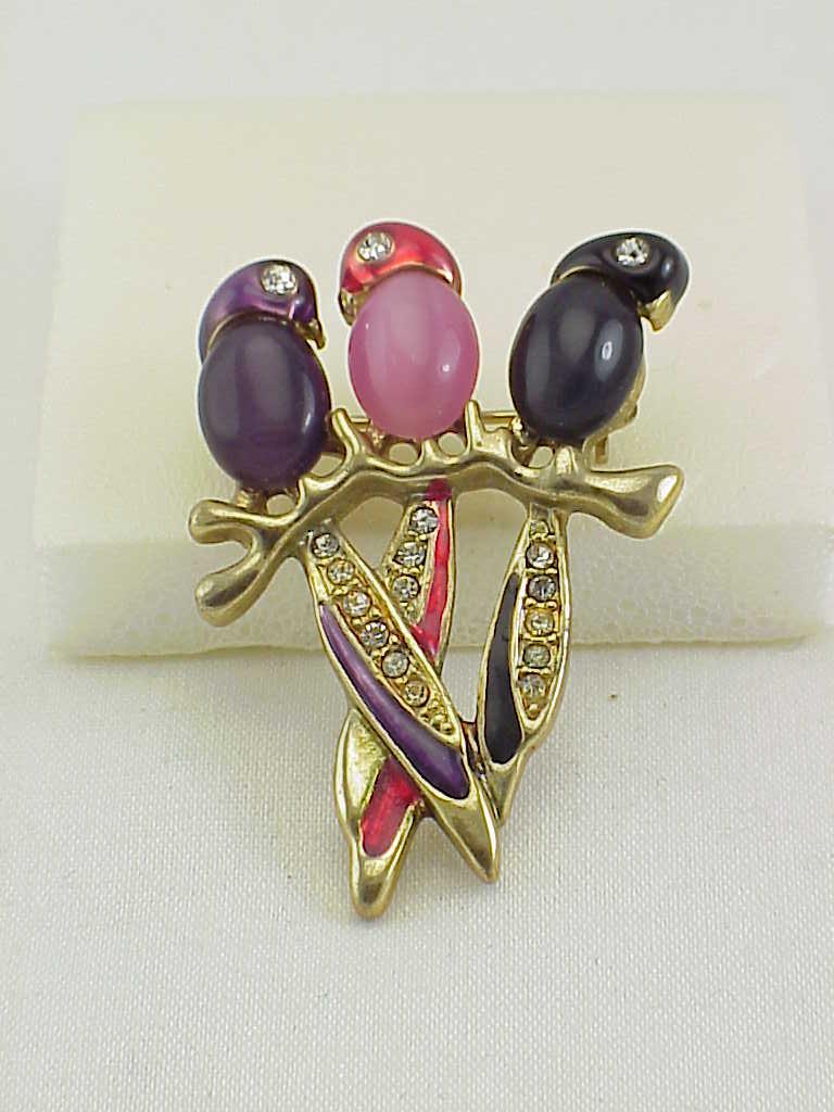 3 Bird Of Paradise Birds Enamel Rhinestone Stone Belly Brooch