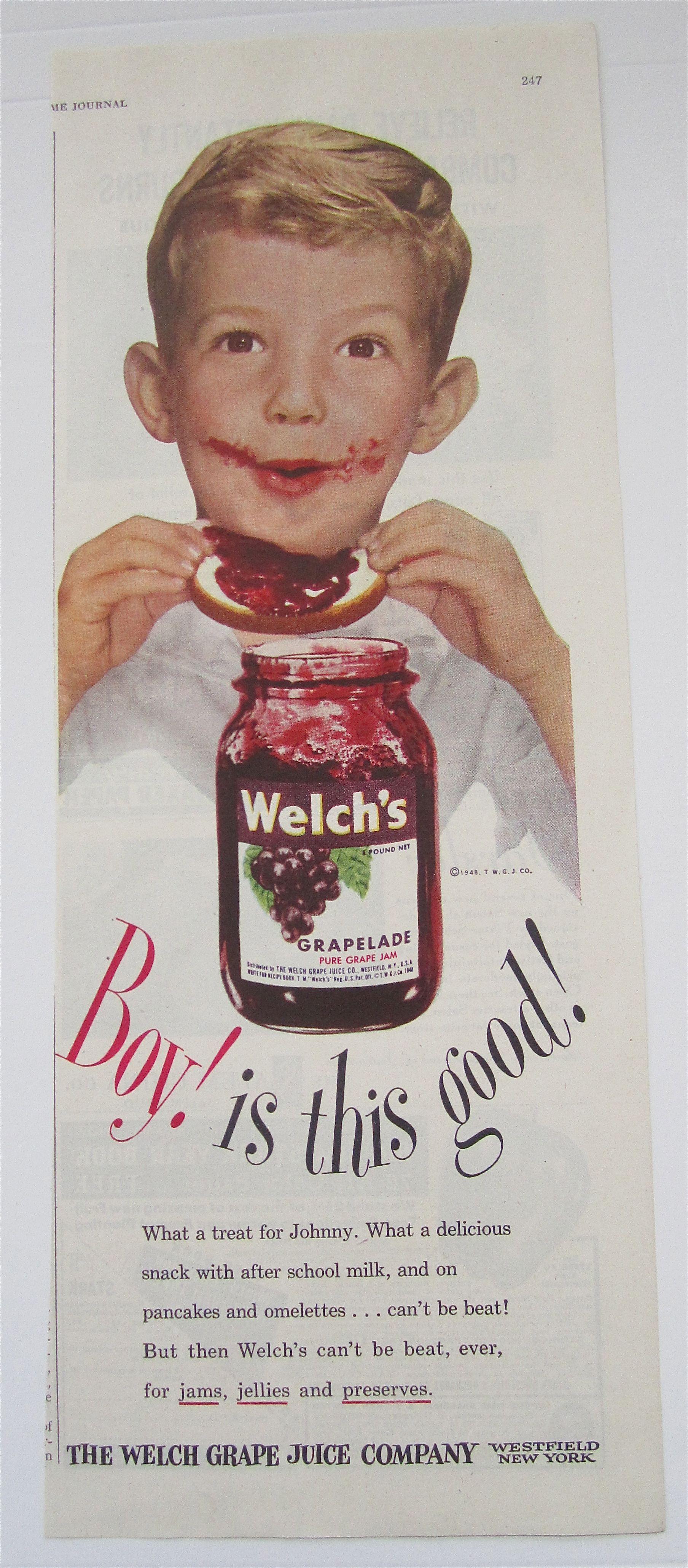 1946 Welch's Grapelade Grape Jam w/Boy & Jam on Face