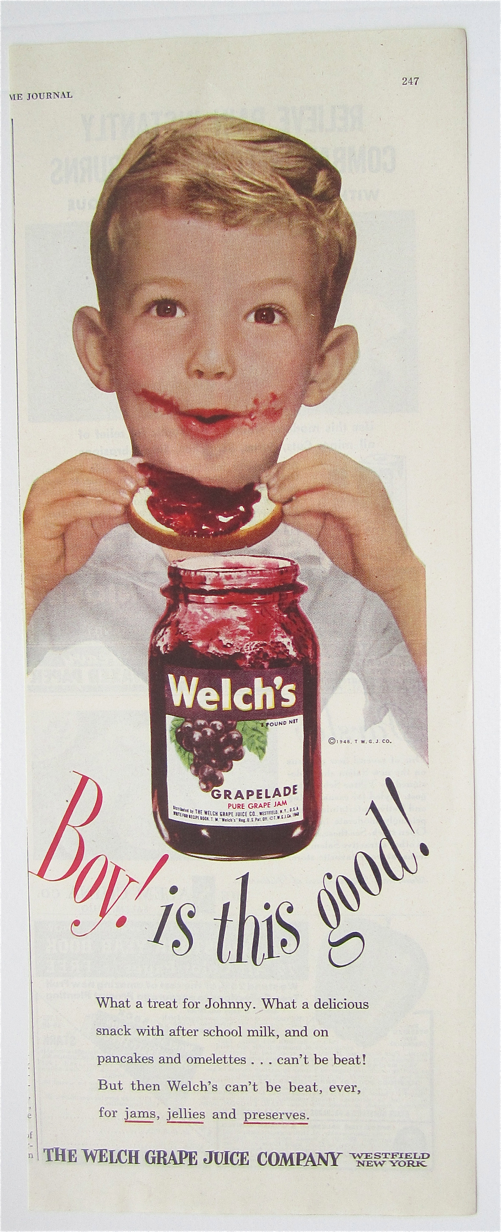 1946 Welch's Grapelade Grape Jam w/Boy & Jam on Face