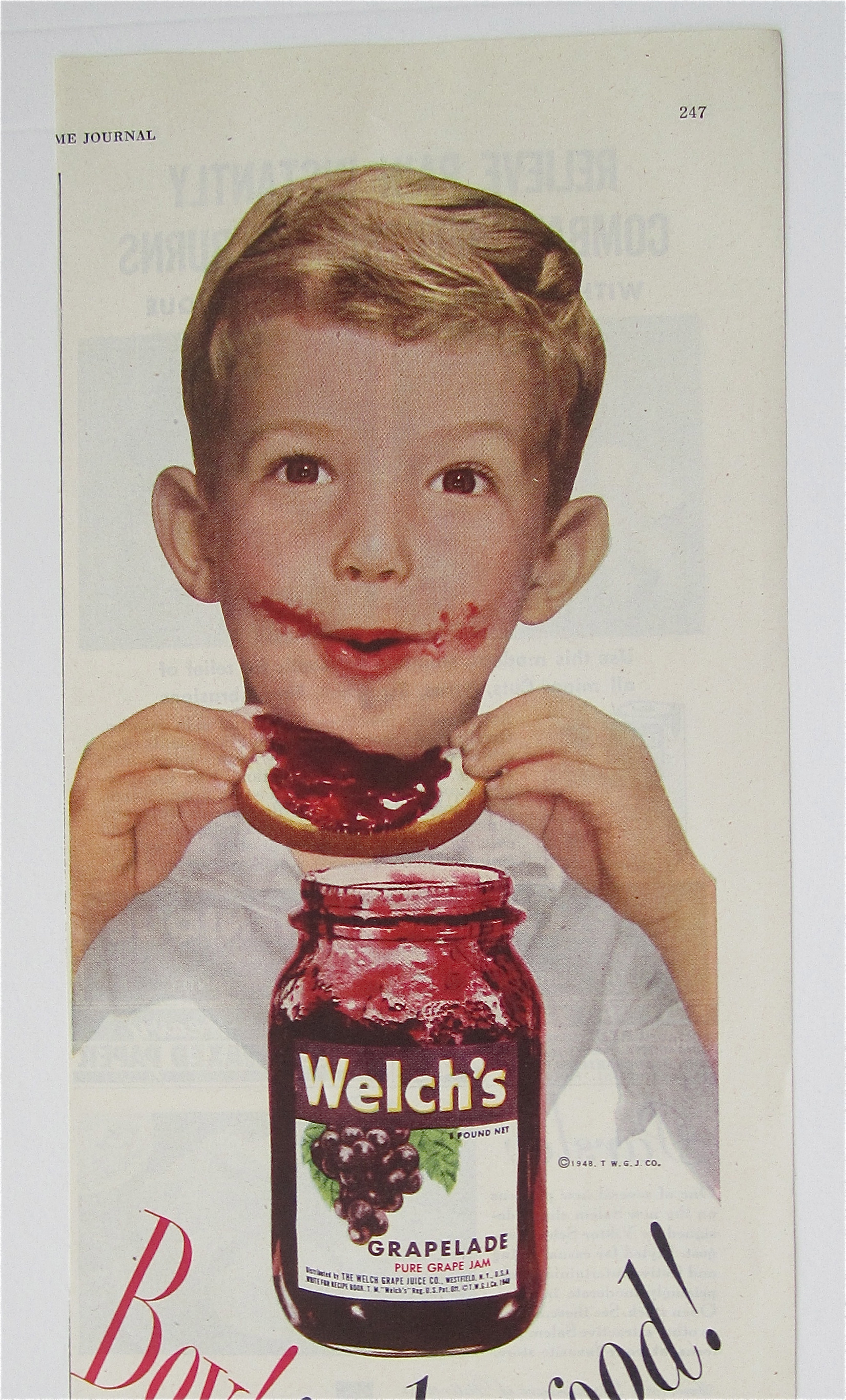 1946 Welch's Grapelade Grape Jam w/Boy & Jam on Face