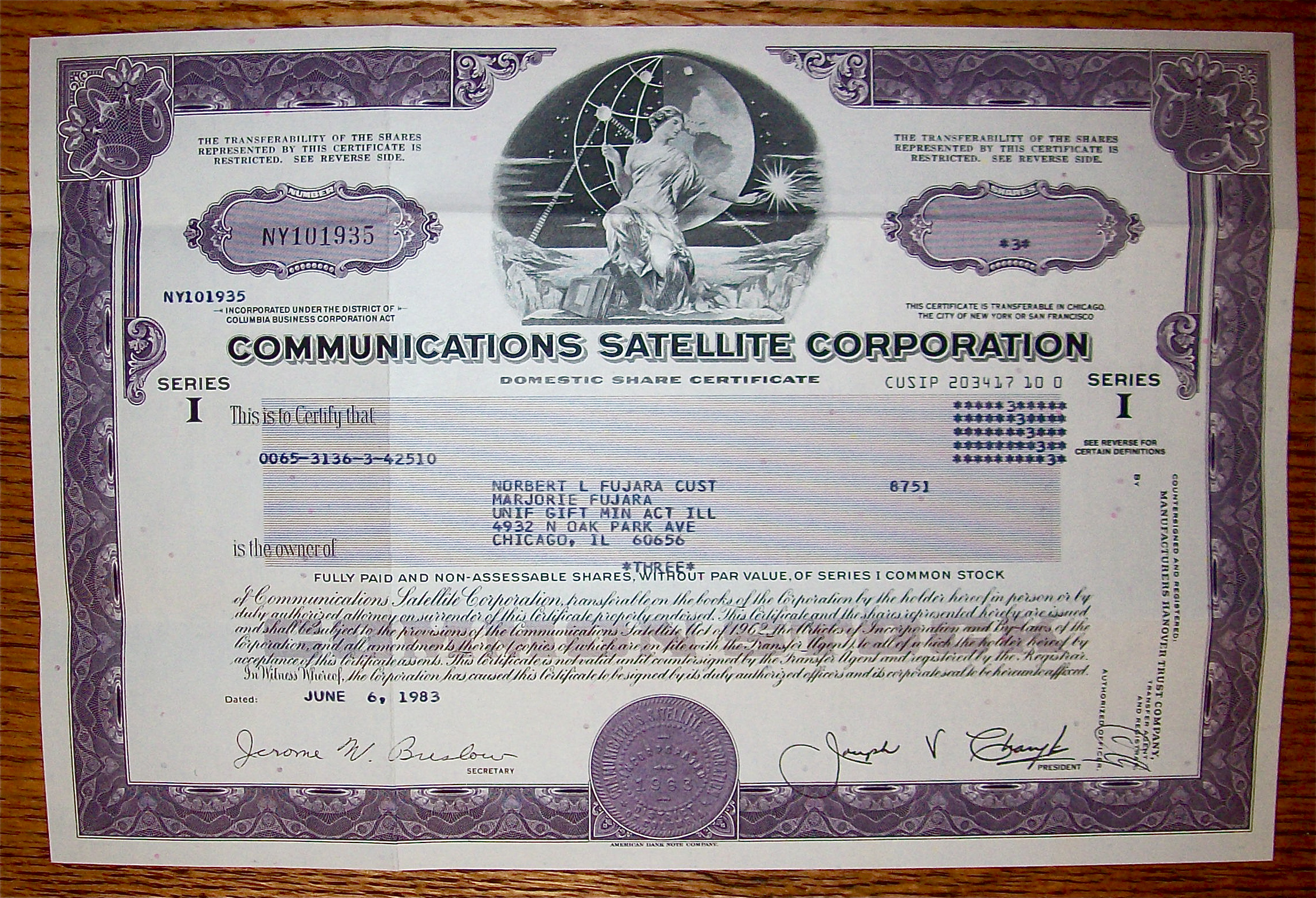 1983 Communications Satellite Corporation Stock