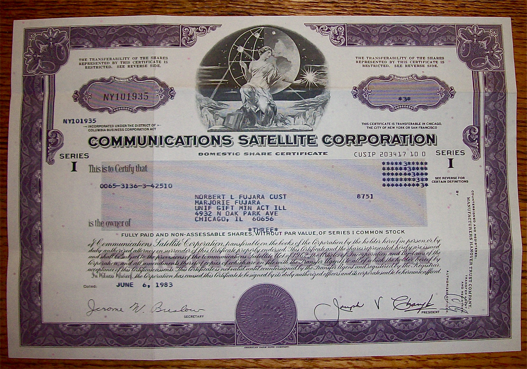 1983 Communications Satellite Corporation Stock
