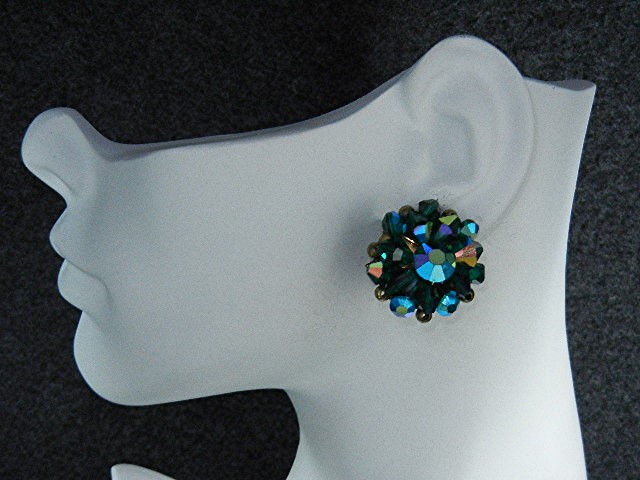 Crystal Borealis Green Blue Clip Earrings