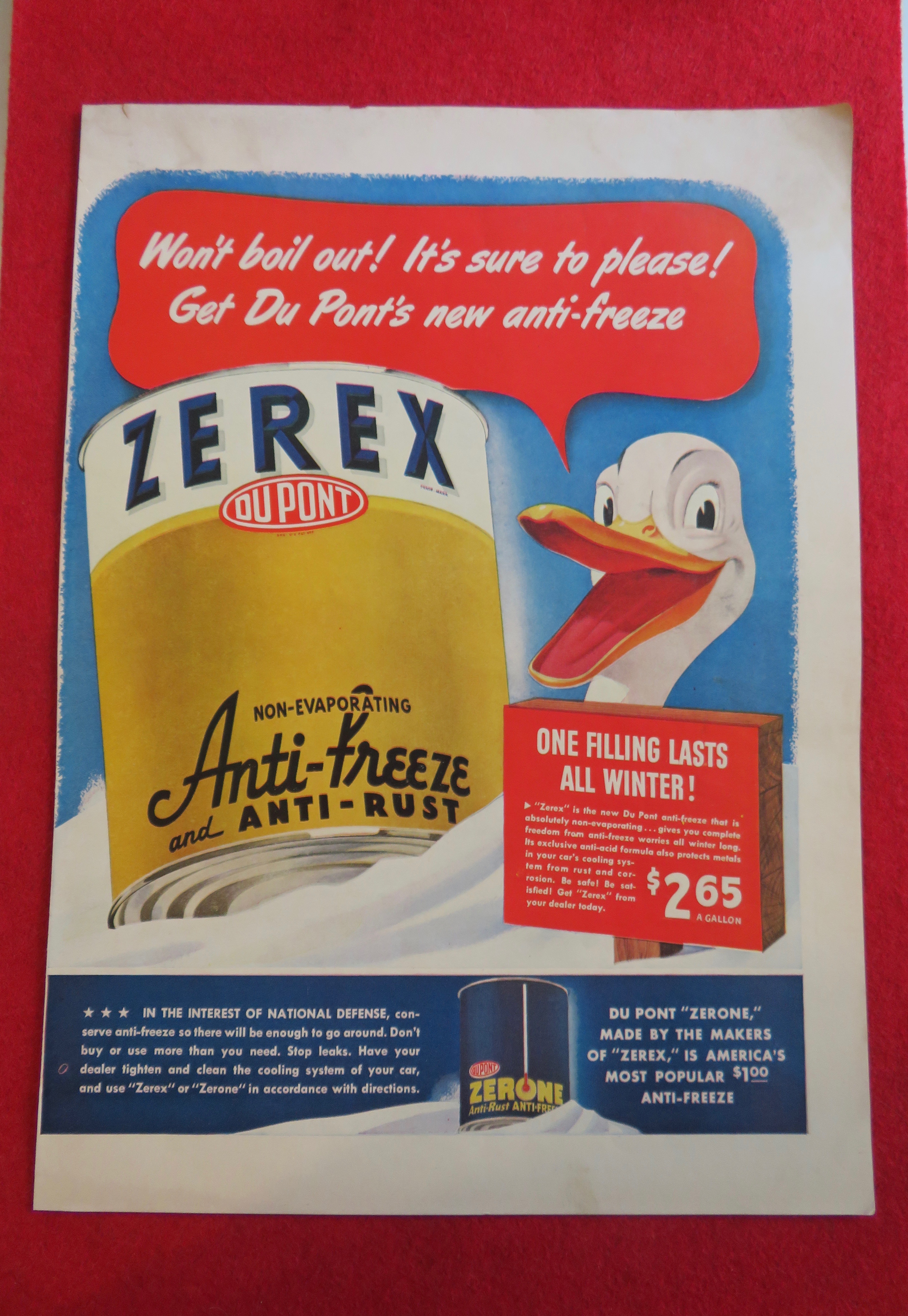 1941 Du Pont Zerex Anti Freeze with Duck Holding Can