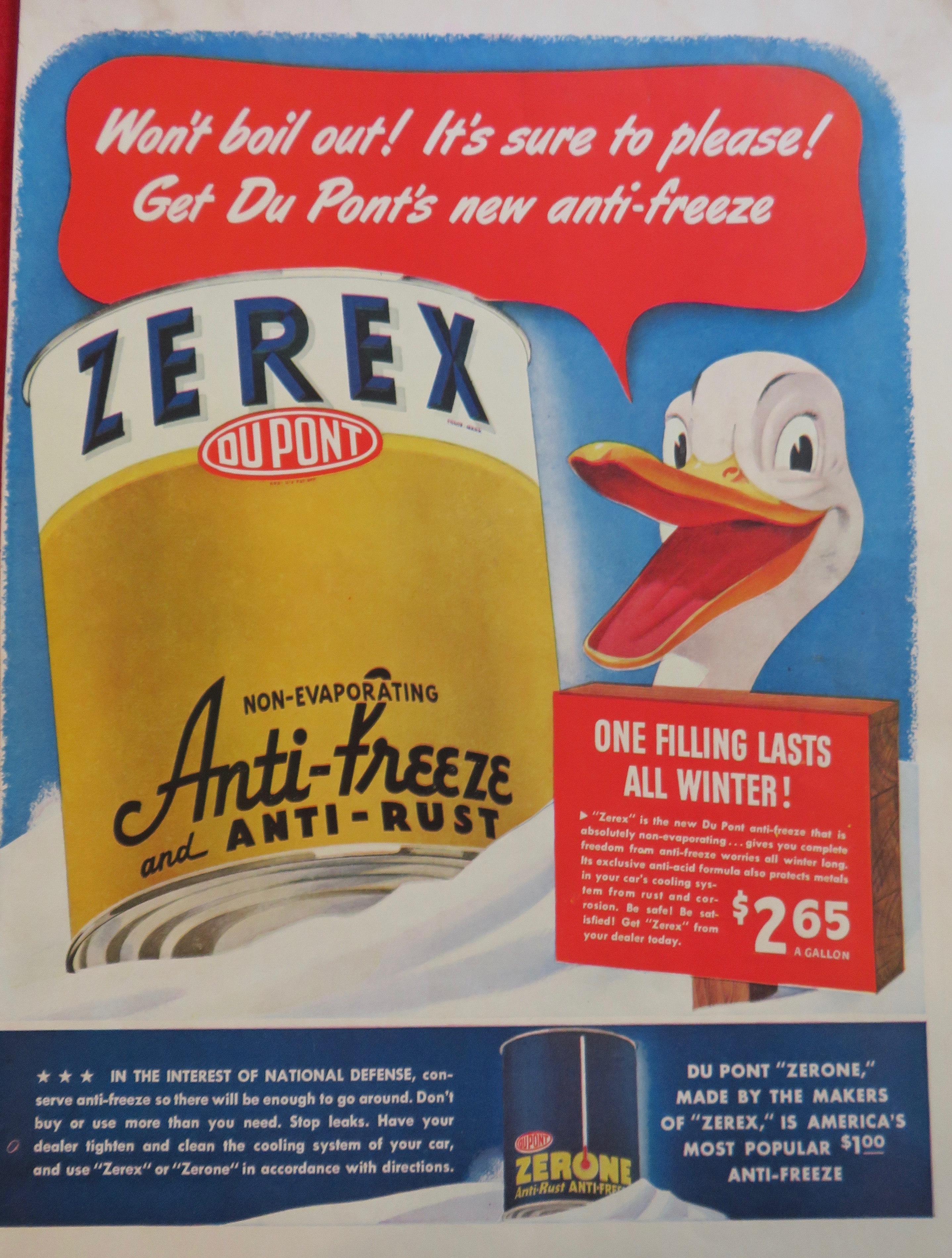 1941 Du Pont Zerex Anti Freeze with Duck Holding Can
