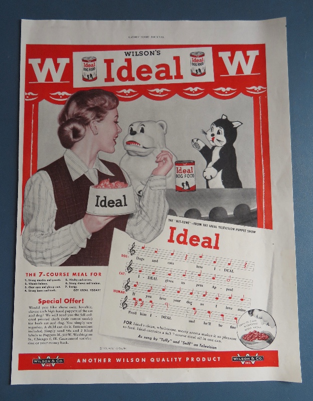 1951 Wilson's Ideal Dog Food with Woman & Dog & Cat Puppet