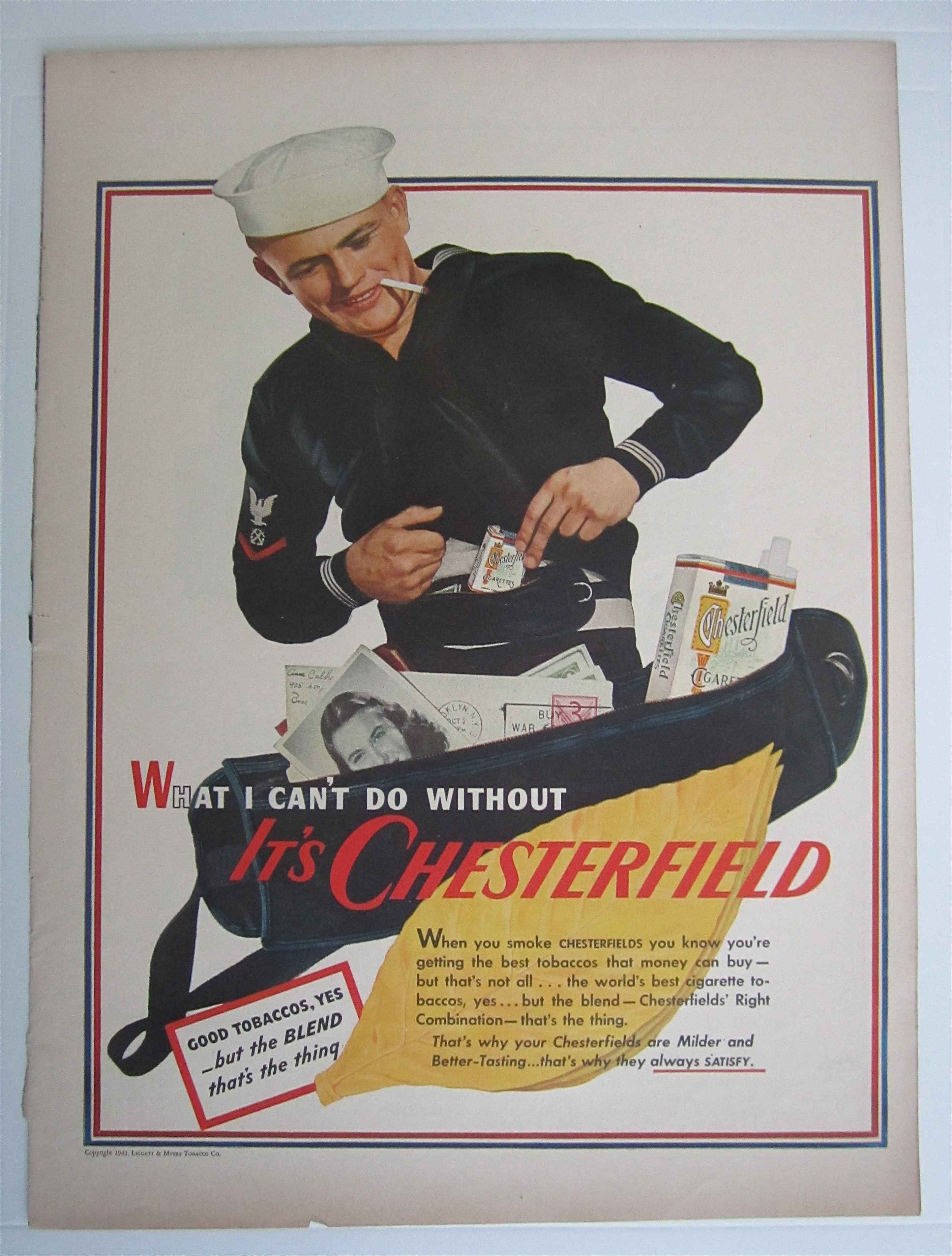 1943 Chesterfield Cigarettes w/ Sailor Packing His Bag