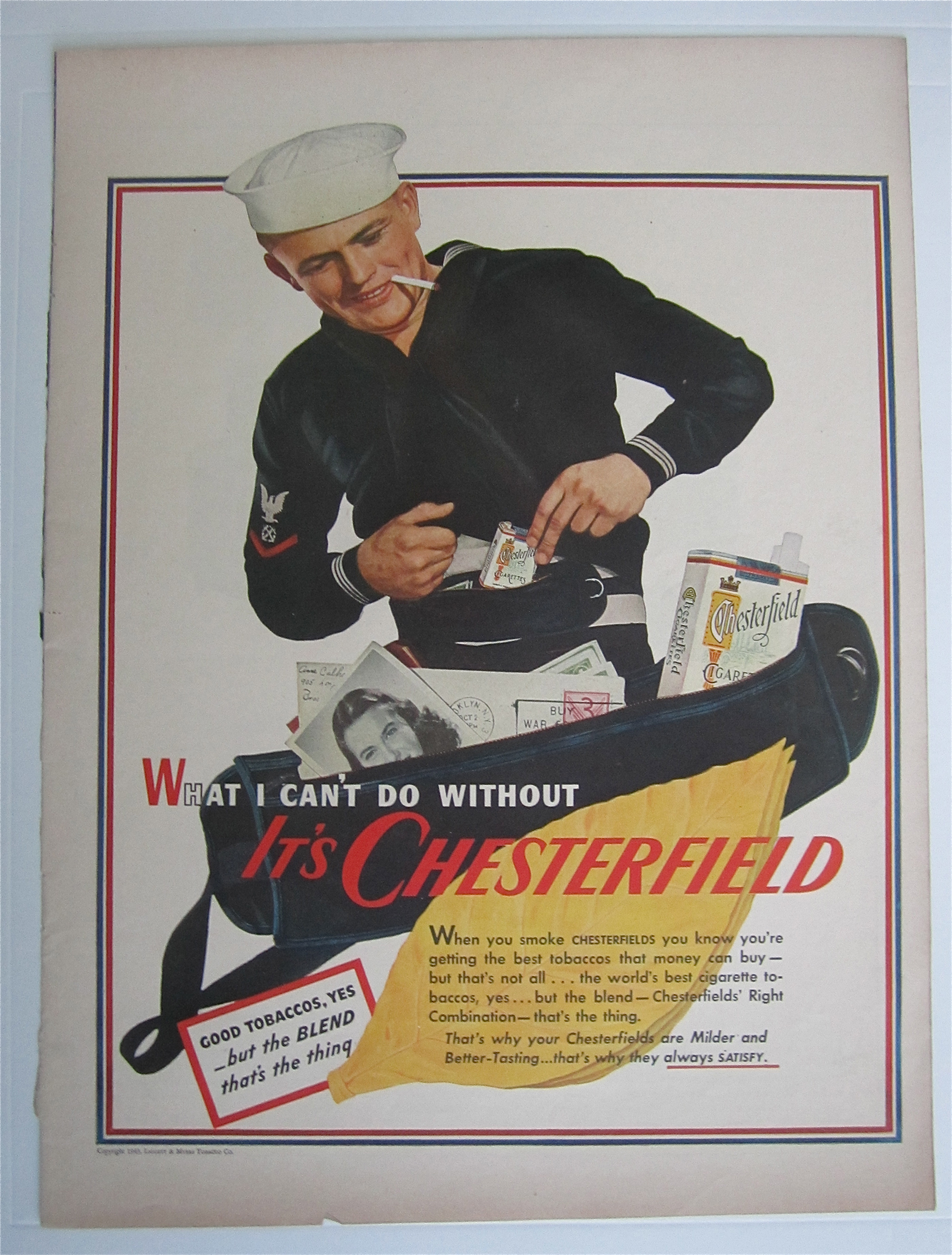 1943 Chesterfield Cigarettes w/ Sailor Packing His Bag