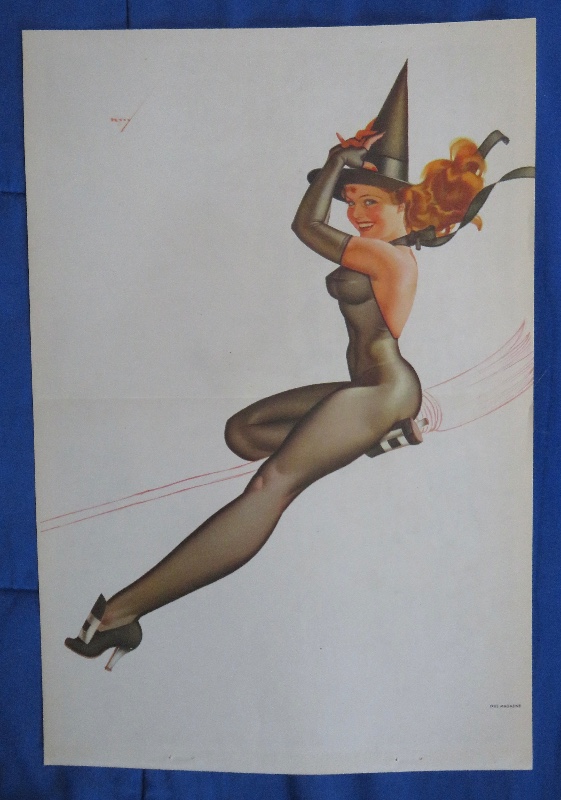 Original 1945 Sexy Halloween Pin Up Girl Wearing A Black Bodysuit Wearing A Witch's Hat While On A Broom By George Petty