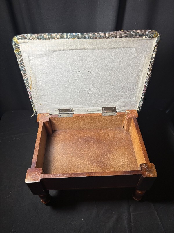 Vintage Wooden Footstool with Upholstered Top and Storage Compartment