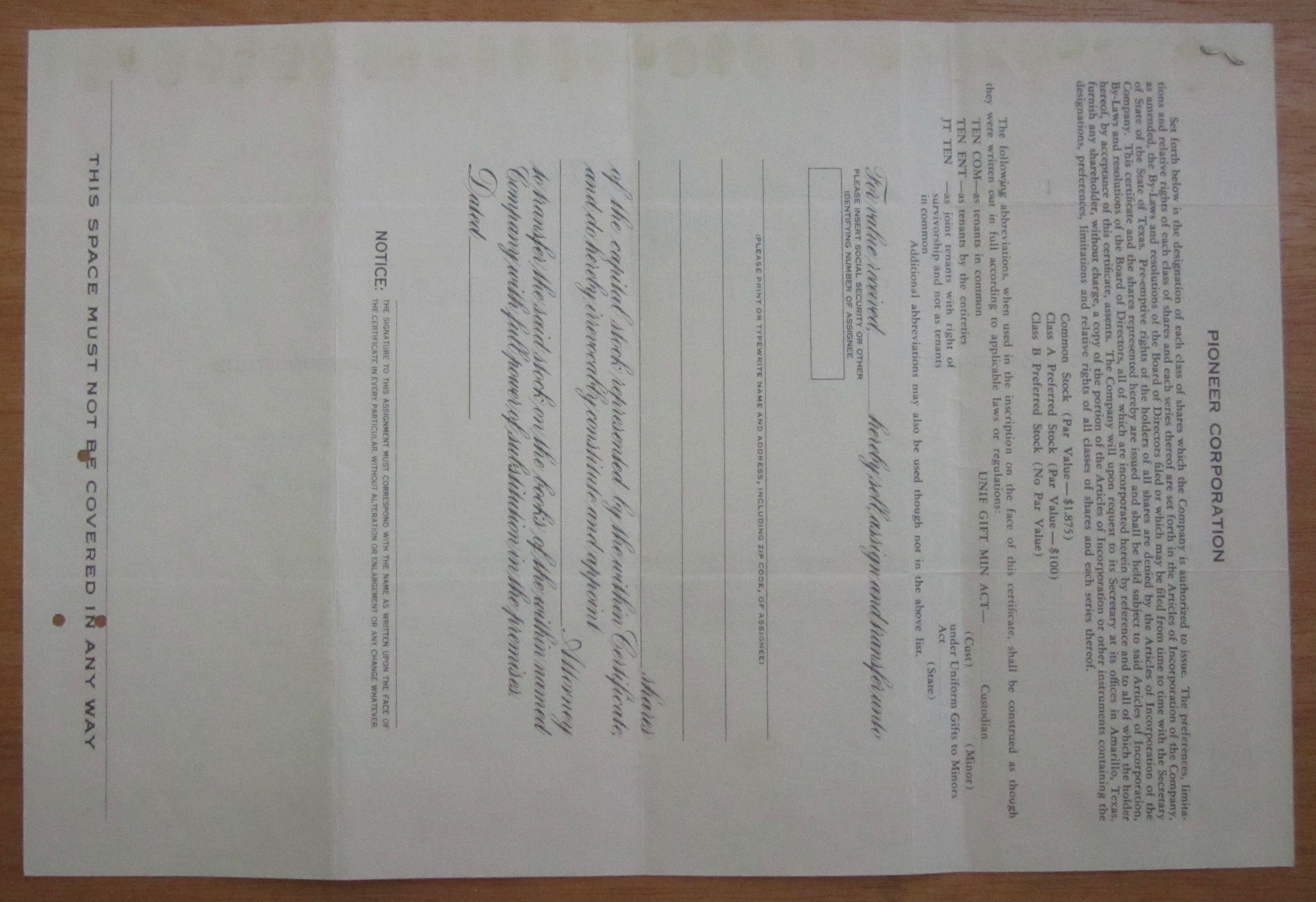 1976 Pioneer Corporation Stock Certificate
