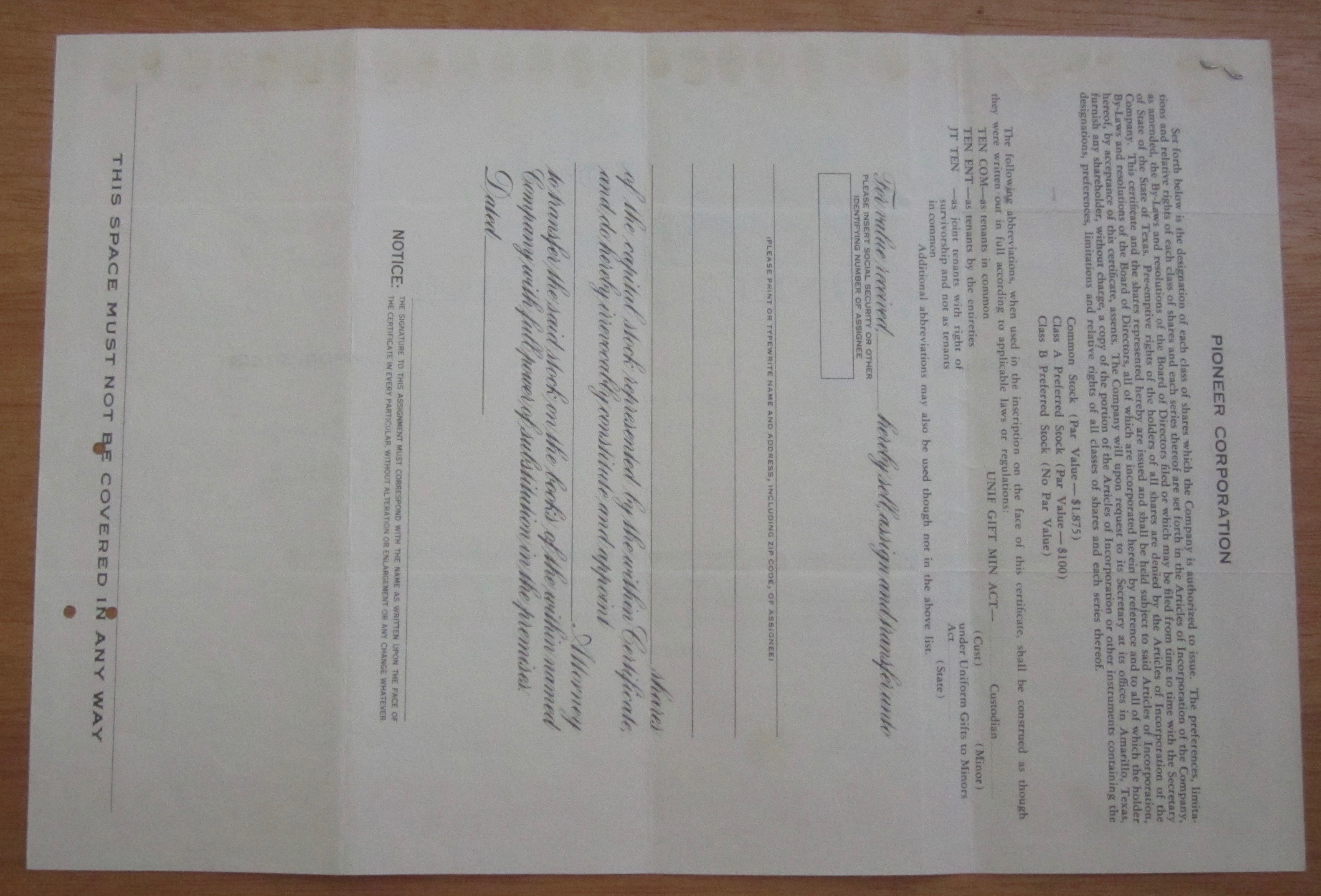1976 Pioneer Corporation Stock Certificate