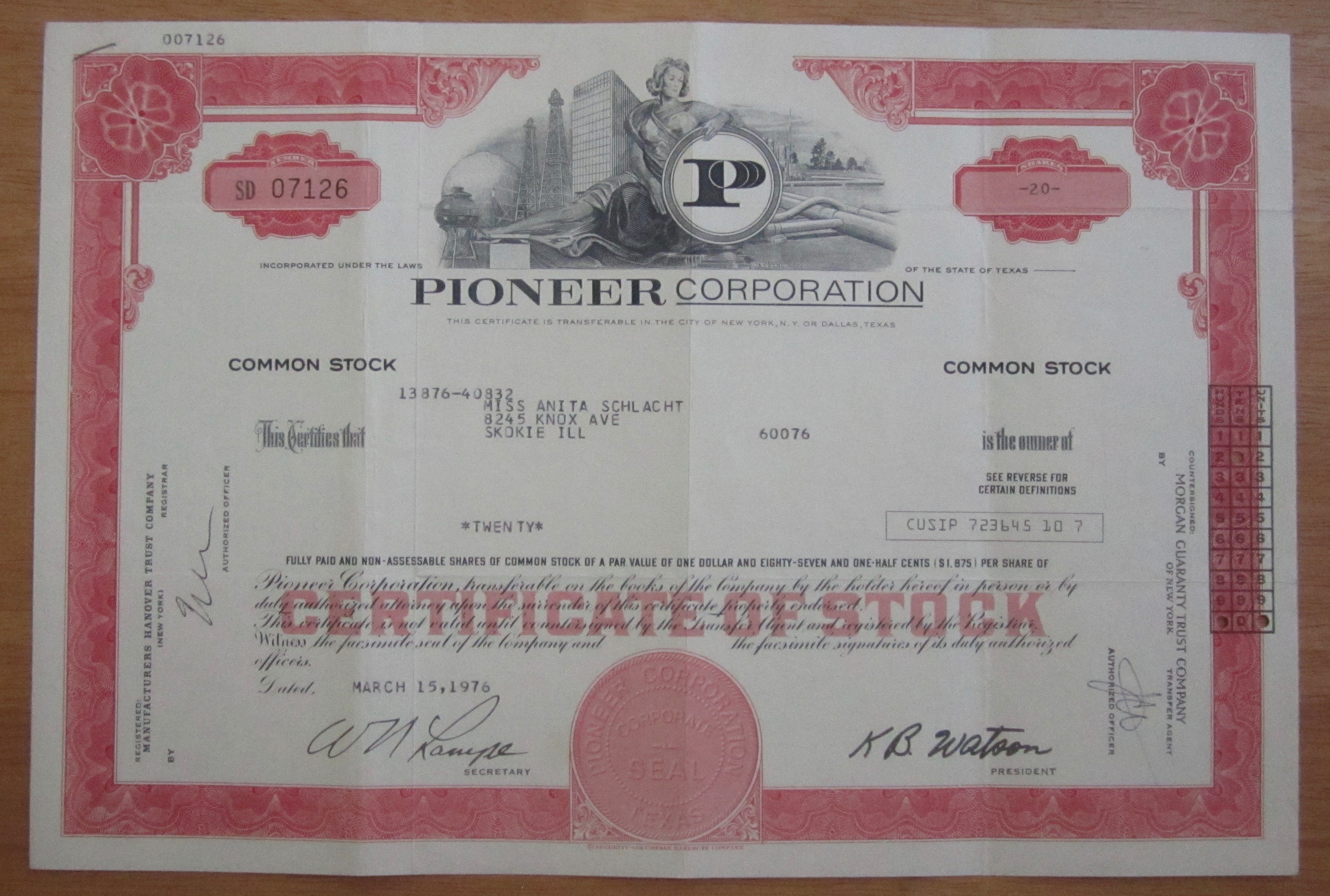 1976 Pioneer Corporation Stock Certificate