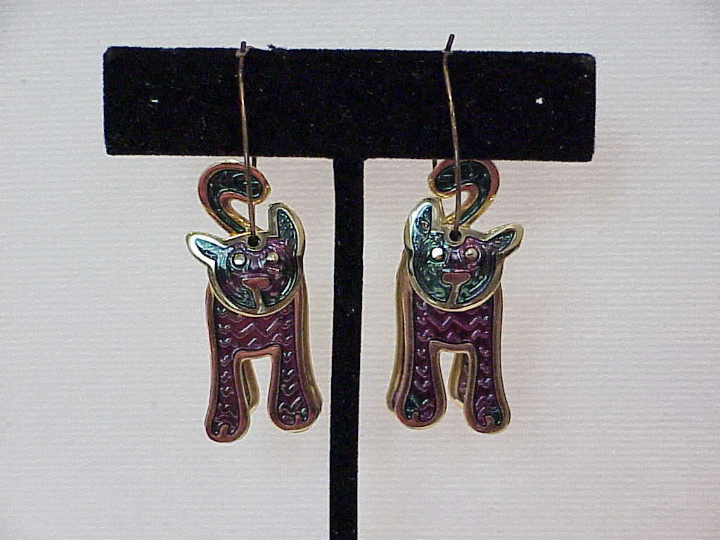 Berebi Dangling Green And Purple Enamel Layered Cat Pierced Earrings