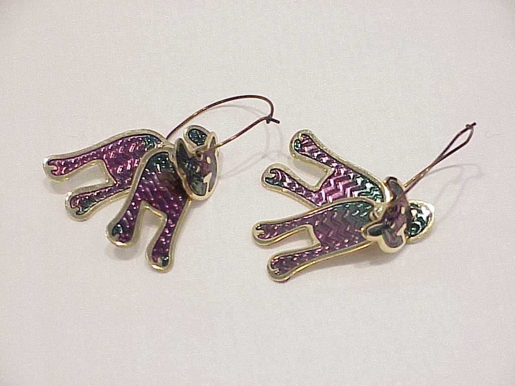 Berebi Dangling Green And Purple Enamel Layered Cat Pierced Earrings