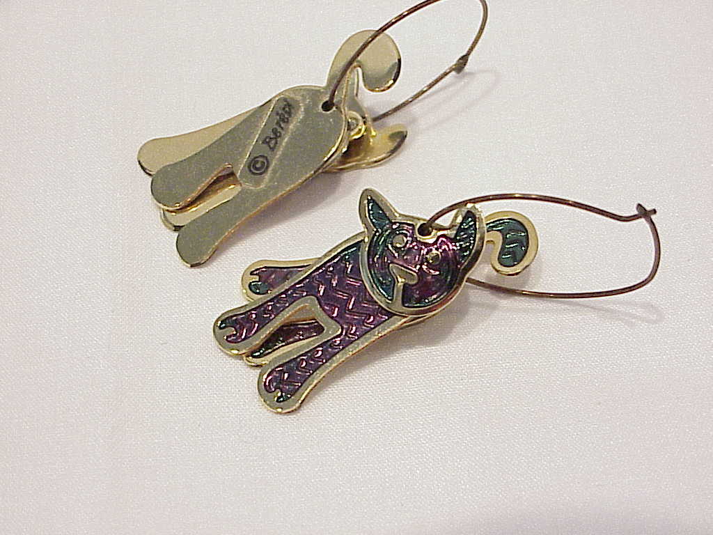 Berebi Dangling Green And Purple Enamel Layered Cat Pierced Earrings