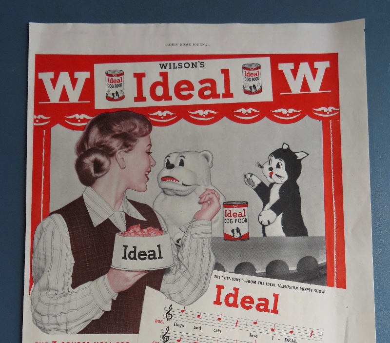 1951 Wilson's Ideal Dog Food with Woman & Dog & Cat Puppet