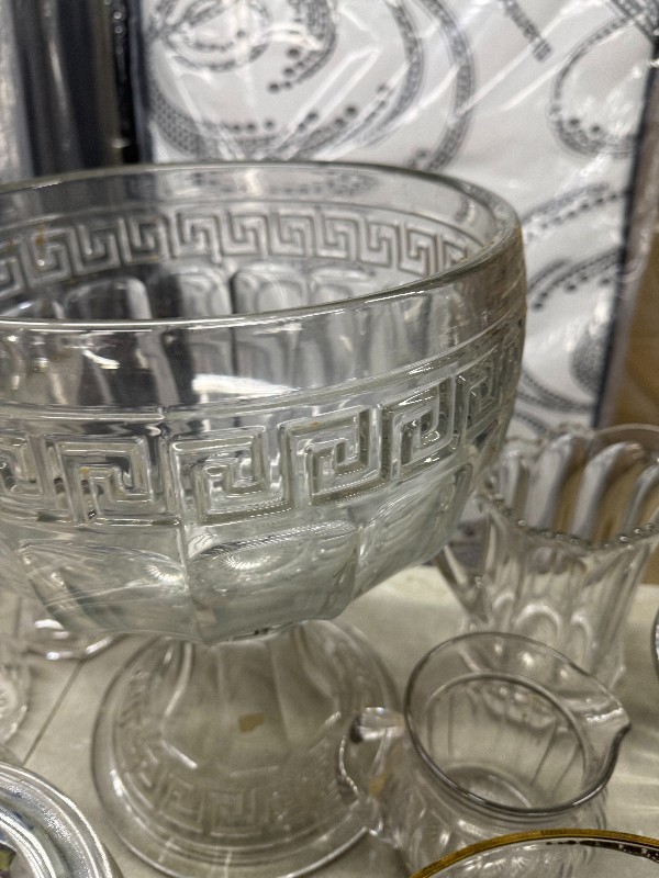 Vintage Clear Pressed Glass Pedestal Bowl with Greek Key Pattern