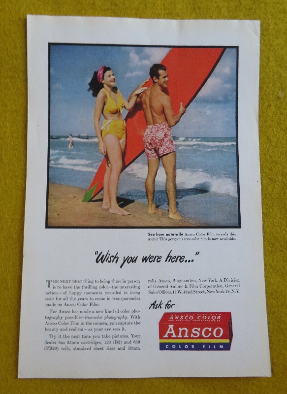1946 Ansco Color Film With Man & Woman On The Beach While He Holds A Surfboard